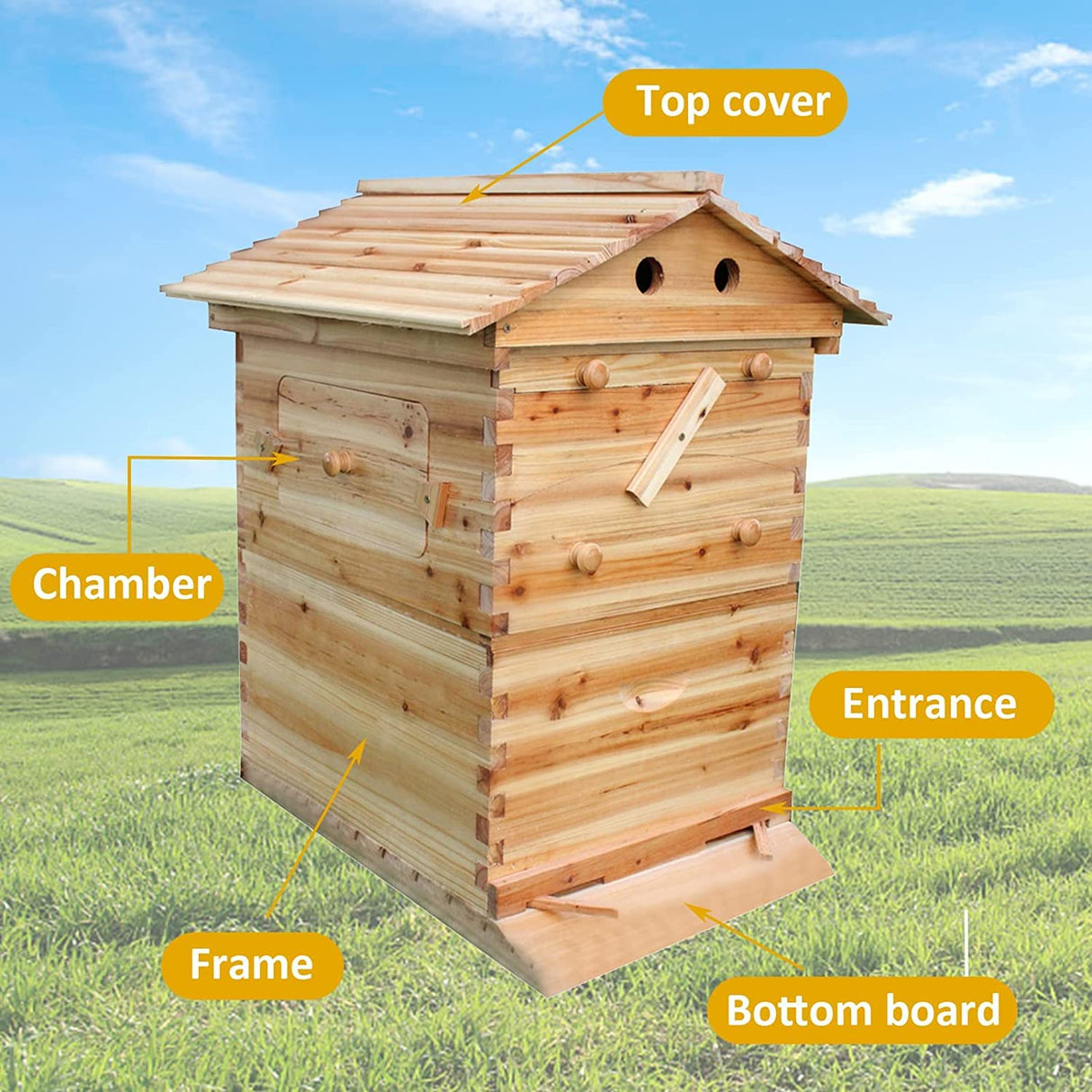 LWestine Bee Hives Wooden Beehive Kit Automatic Box with 7 Pieces Frames Auto Honey House for Beginning and Professional Beekeepers LWestine