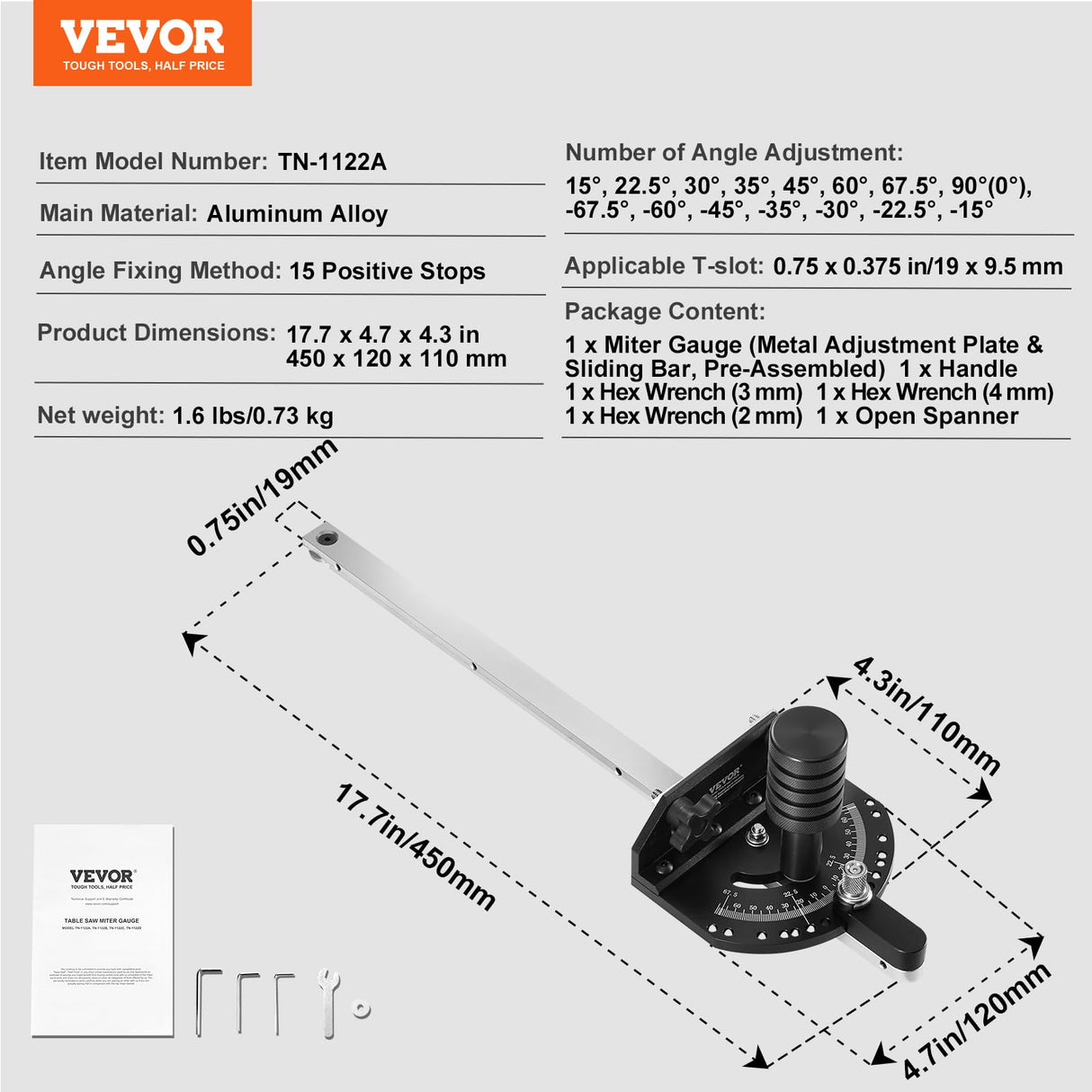 VEVOR Precision Miter Gauge, Standard Slot 3/4'' x 3/8'', Aluminum Alloy Table Saw Miter Gauge with 15 Angle Stops Adjustable Spring Loaded Plunger and Removable Disc, for Woodworking Tool Table Saw VEVOR
