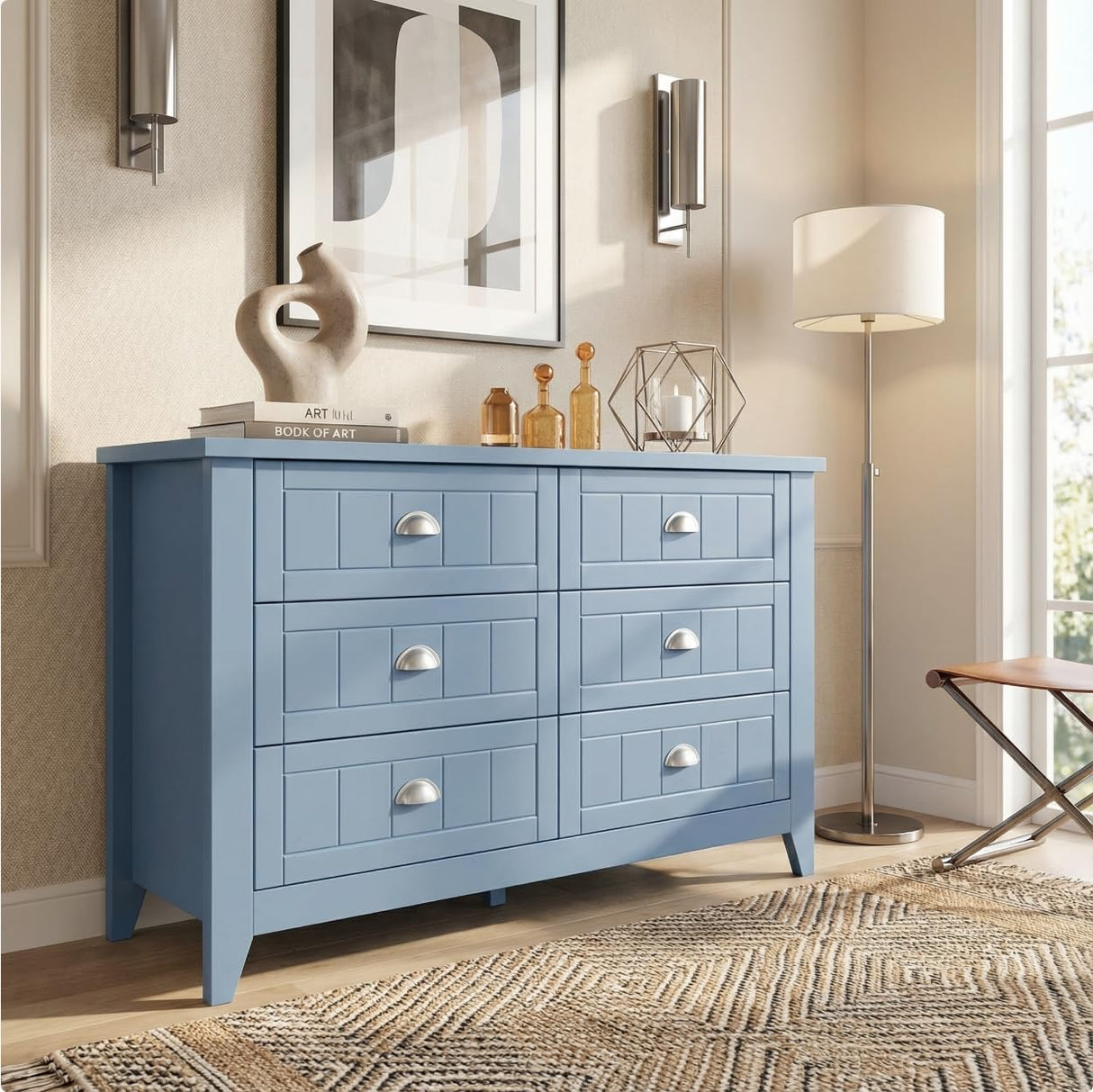 Cakhdry Dresser for Bedroom, 6 Drawer Dresser, Wide Chest of Drawers for Closet,TV Stand with Sturdy Frame and Wood Top, Easy Pull Handles for Clothes, Living Room, Hallway, Entryway,Light Blue Cakhdry