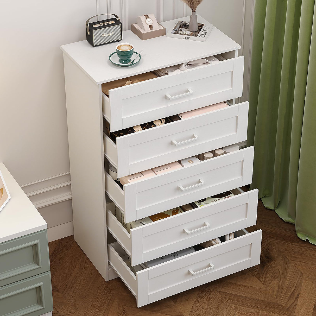 Welfuturer White 5 Drawer Wood Dresser for Bedroom Modern Wooden Chest of Drawers Storage Cabinet and Organizer Drawers for Closet, Nursery, Entryway, Girls Room, Kids Room, Hallway, Living Room Welfuturer