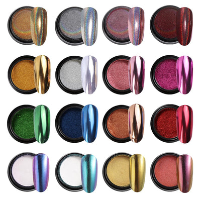 16 Colors Chrome Nail Powder Set, Metallic Mirror Effect Holographic Aurora Chameleon Pigment Glitter for Gel Polish Manicure Nail Art Decorations