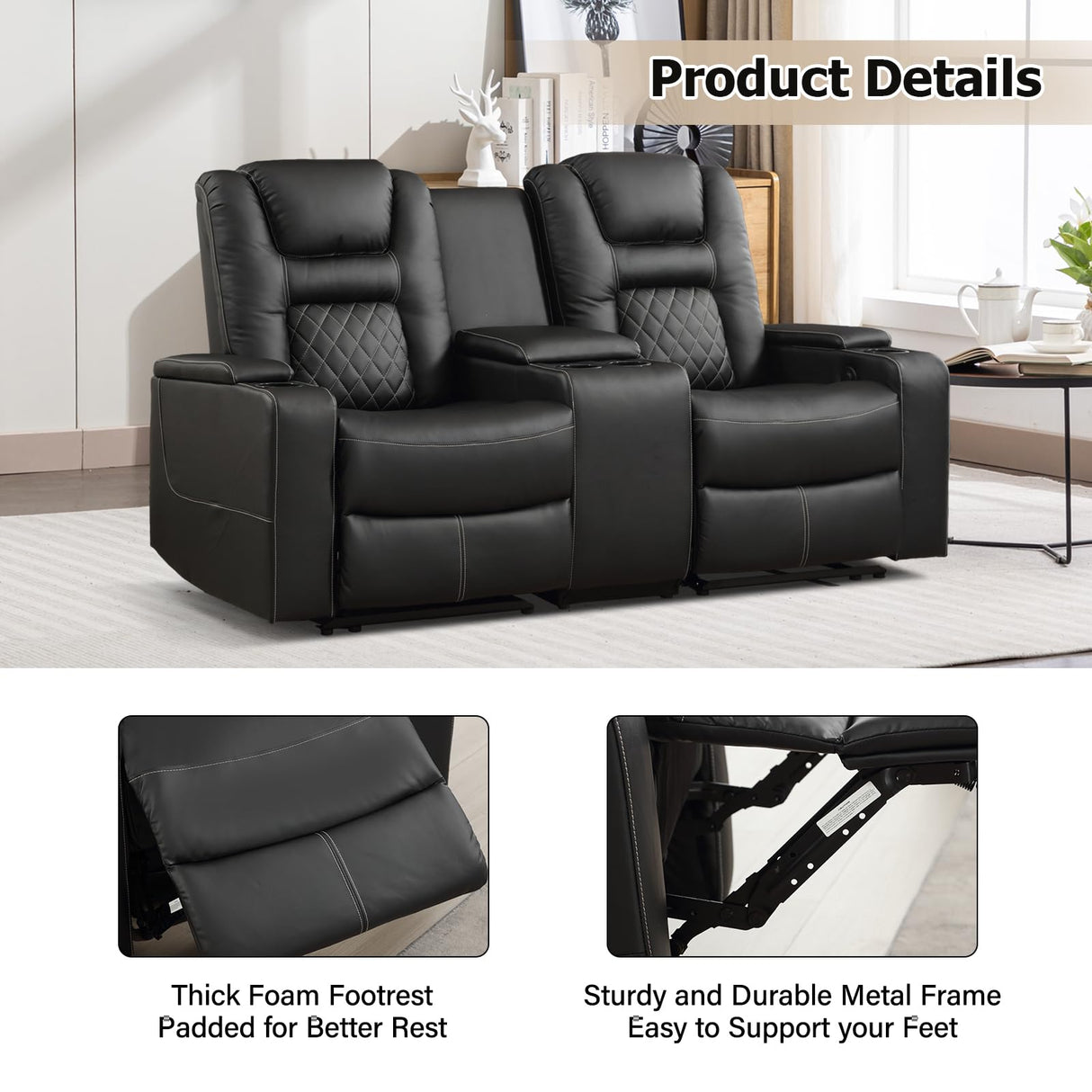 CANMOV Home Theater Seating Seats, Theater Recliner Chair Power Recliner Sofa with Console, Cup Holders, Hidden Arm Storage, USB Ports,Black CANMOV