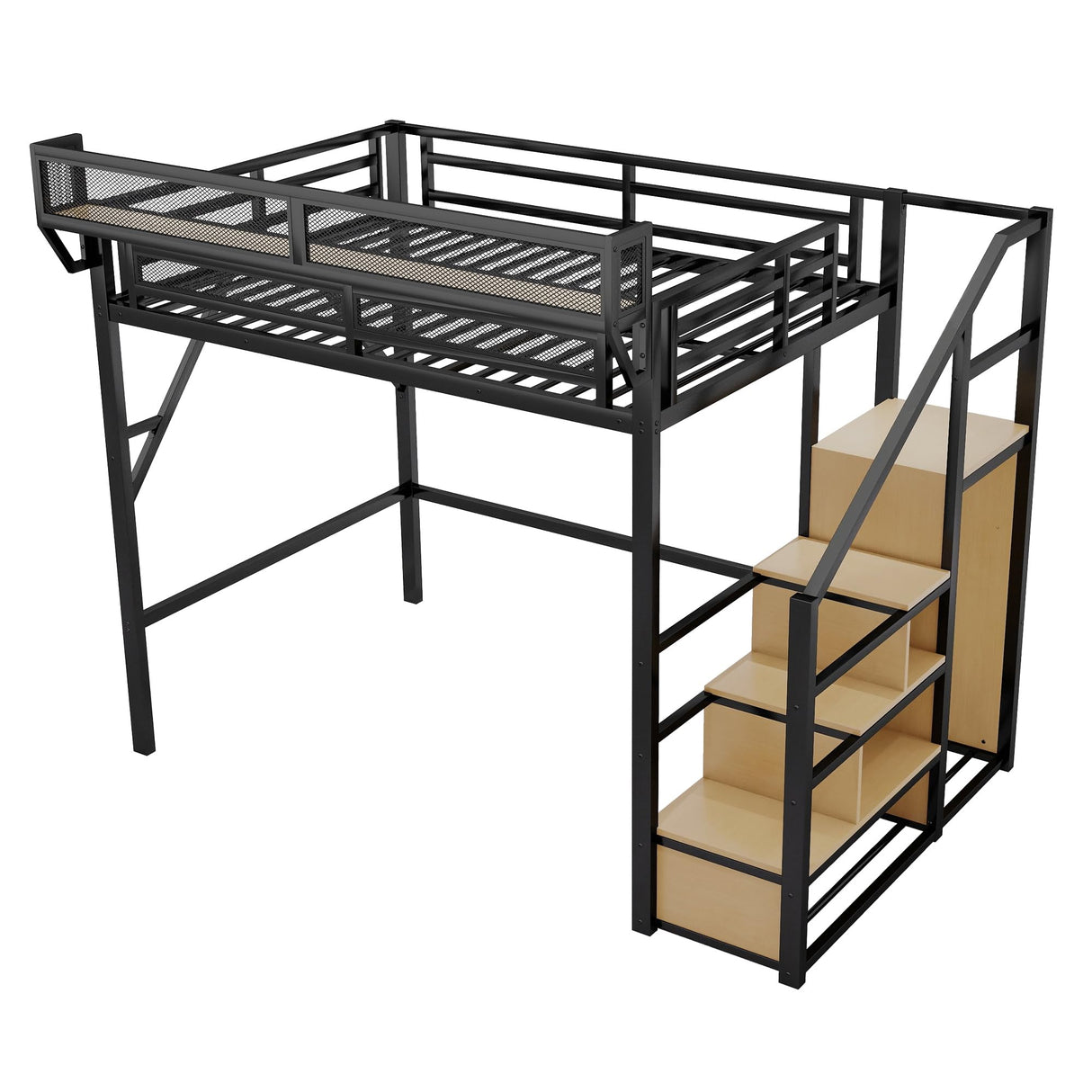 KEIKI Full Size Metal Loft Bed Frame with Staircase, Built-in Storage Shelves and Wardrobe, Modern Loft Bed with Solid Slats and Guardrail, No Box Spring Required, Easy Assembly, for Bedroom, Black KEIKI