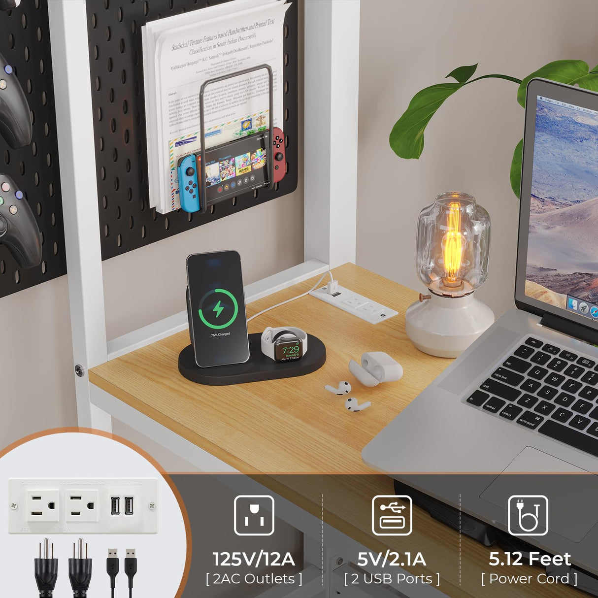 DICTAC Twin Loft Bed with Desk, Charging Station, Storage, Safety Features, and RGB LED Lights - White DICTAC