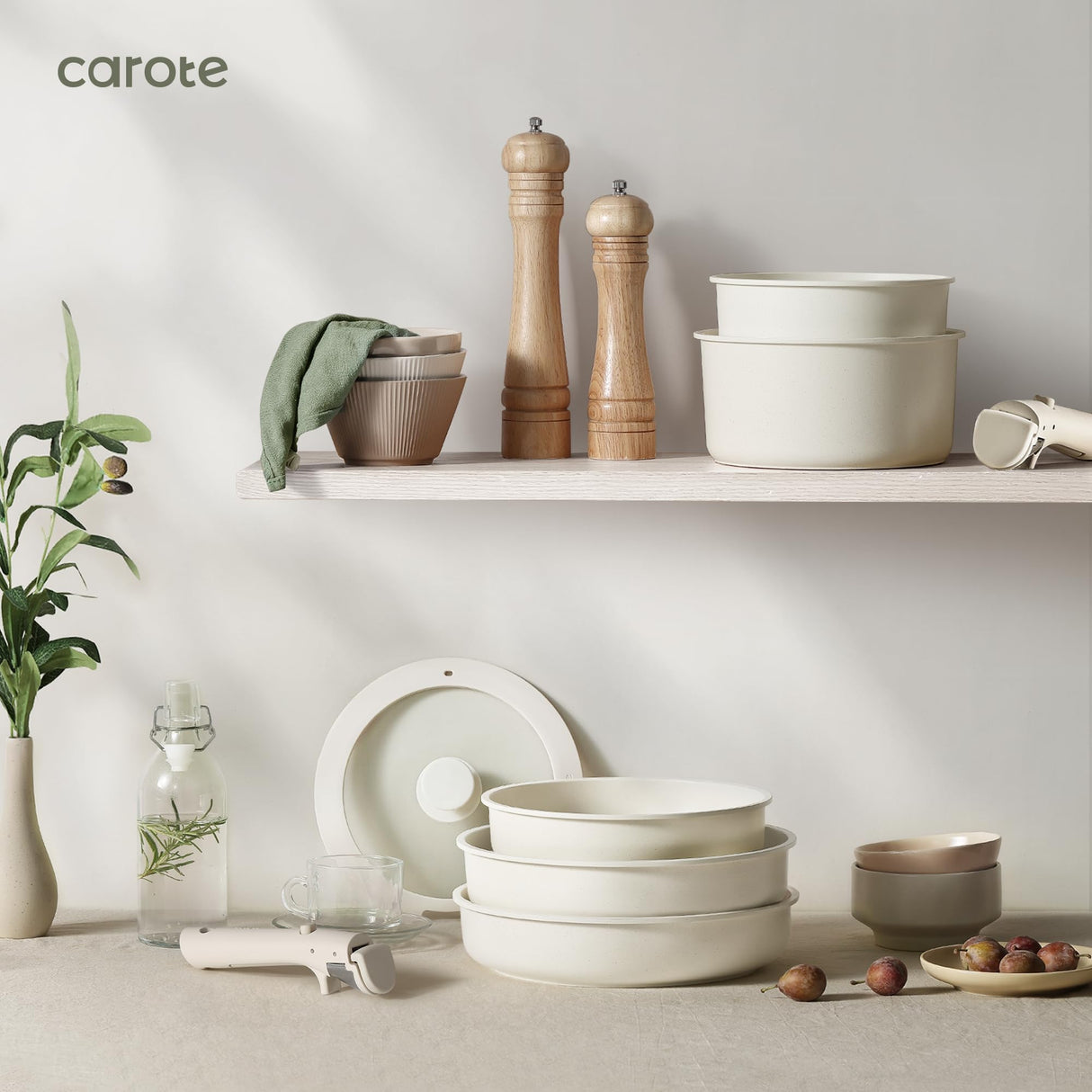 CAROTE 23pcs Pots and Pans Set Non Stick, Cookware Sets, Kitchen Set, Oven/Dishwasher/Fridge Safe, Space Saving Pots Set, Nonstick Set with Versatile Detachable Handle, Induction RV Set, Cream CAROTE