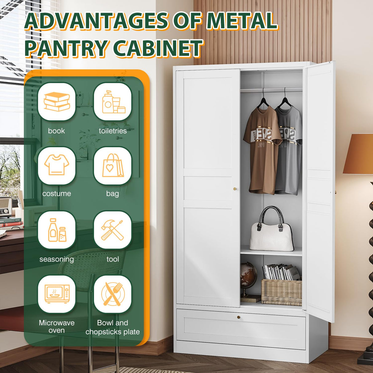 Letaya Wardrobe Closet,72" H Clothing Metal Storage Cabinet with Storage Drawer Adjustable Shelves and Hanging Rod,Bedroom Armoire Cabinet Clothes Organizer (White) Letaya