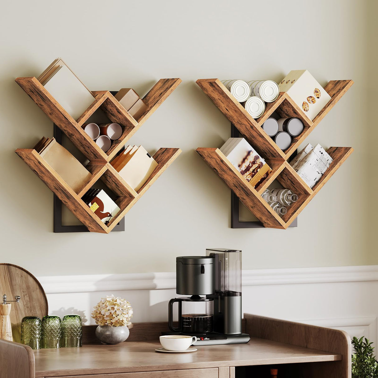 HOOBRO Floating Shelves for Wall, Set of 2 Wall Mounted Shelves, 2-Tier Wooden Tree Bookshelf, Hanging Shelves Storage Rack, for Living Room, Kitchen, Office, Rustic Brown and Black BF54BJP201 HOOBRO