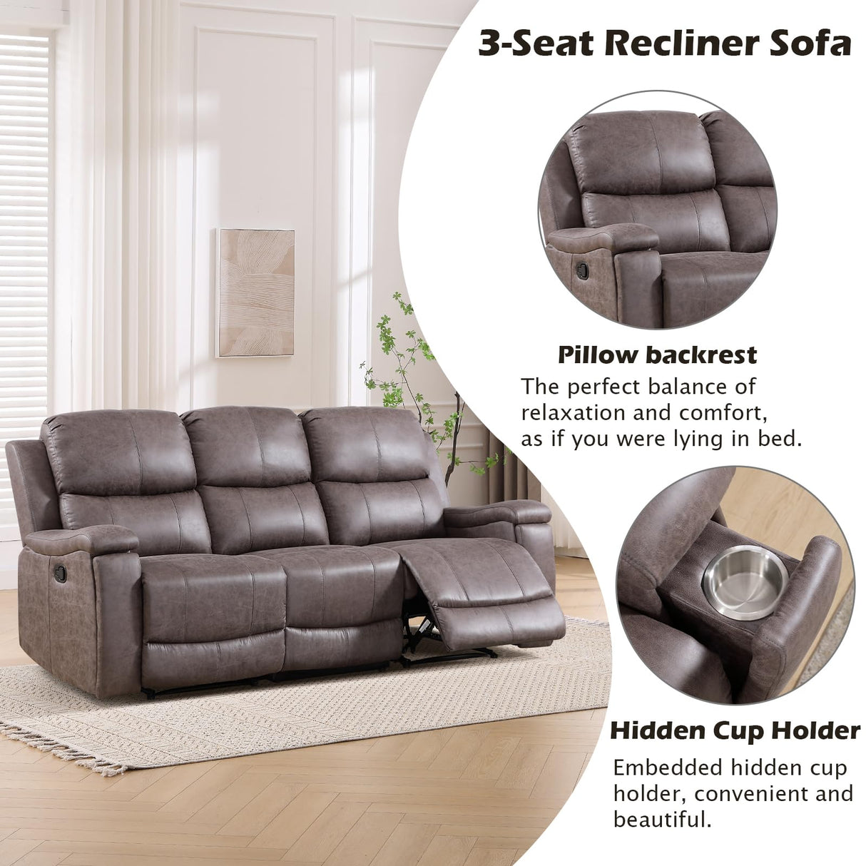 CANMOV Faux Leather Manual Reclining Sofa,3 Seat Recliner Couch Sofa with Overstuffed Arms and Back,Manual Recliner Sofa Set with Concealed Cup Holders for Living Room,Grey CANMOV