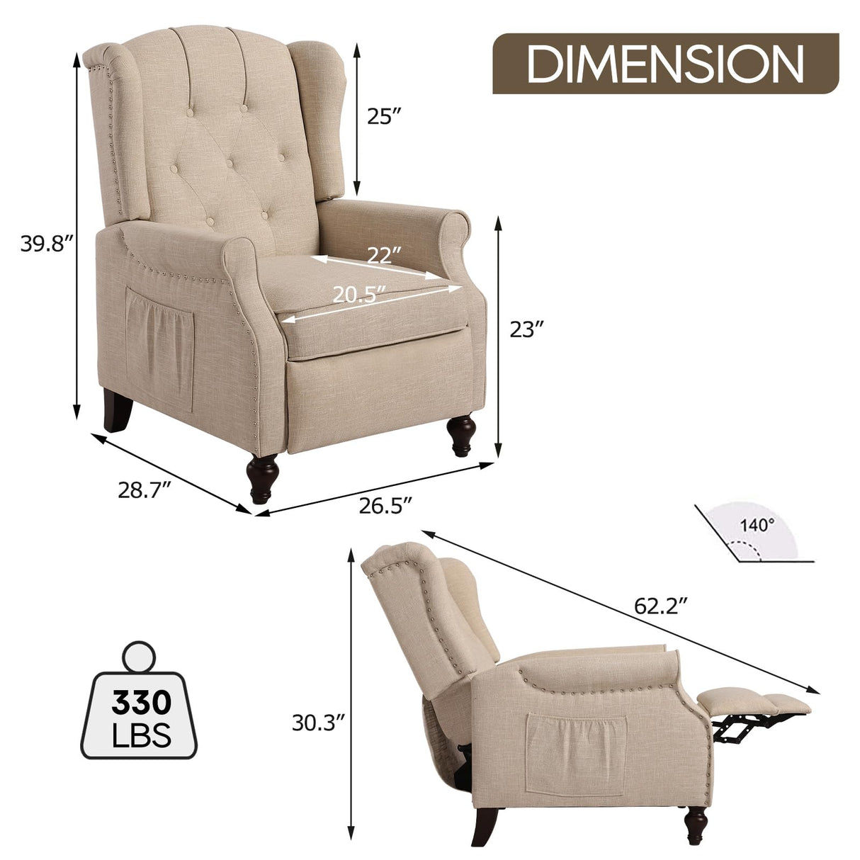 PALLOME Wingback Recliner Chair with Massage and Heat Tufted Fabric Push Back Arm Chair, Recliner Chair for Living Room Bedroom Home Theater (2,Beige) PALLOME