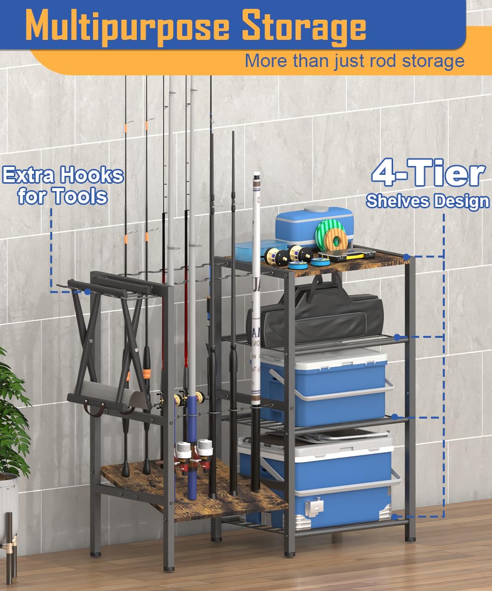 Tigerden Fishing Rod Holders for Garage, Fishing Pole Holder Stand with Multifunctional Hook, 4 Tier Fishing Gear Equipment Organizers Rack, Fits Most Rods of 1.57" for Home Entryway Corner, Black Tigerden
