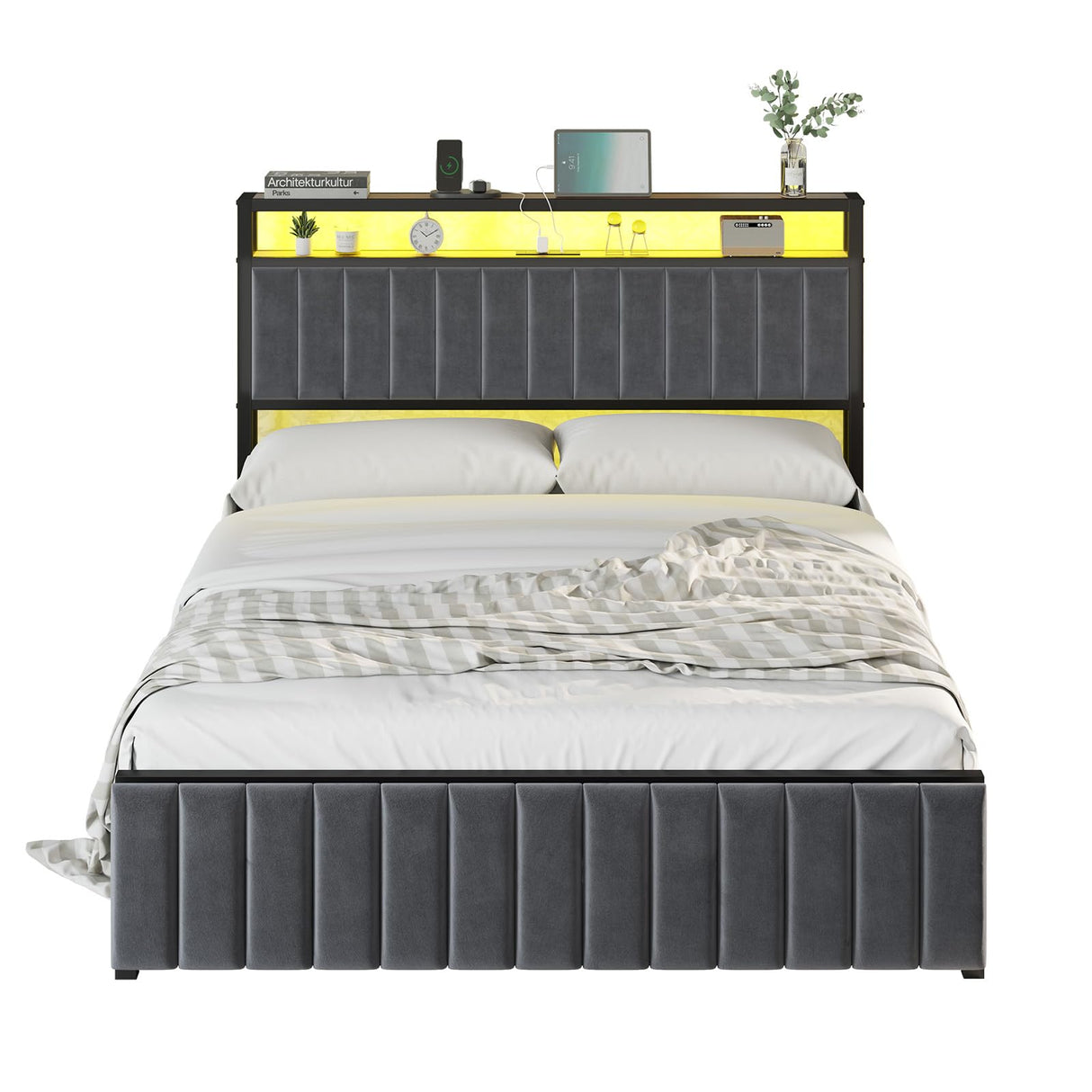 LUXOAK Full Bed Frame with LED Light and Charging Station, Velvet Upholstered Headboard with Storage Shelf, Heavy Duty Metal Slats/No Box Spring Needed/Easy Assembly, Grey LUXOAK