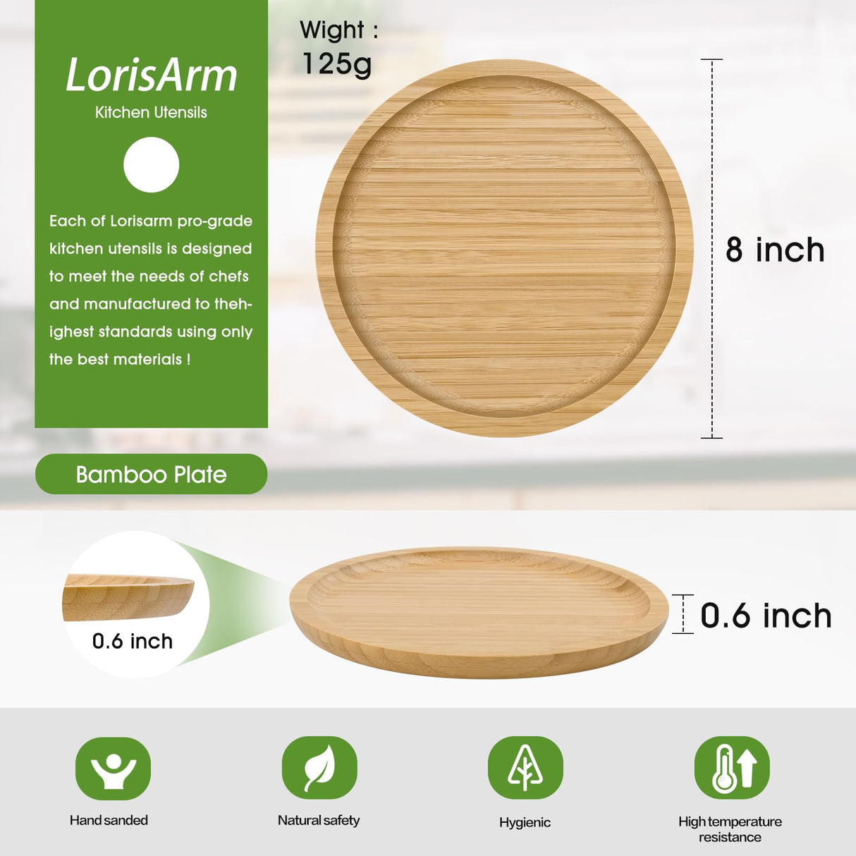 LorisArm Bamboo Plates 8-inch Round ServingTray Wooden Plate Reusable, Wood Serving Platter for Dinner, Dessert, Salad, Appetizer, Snack. LorisArm