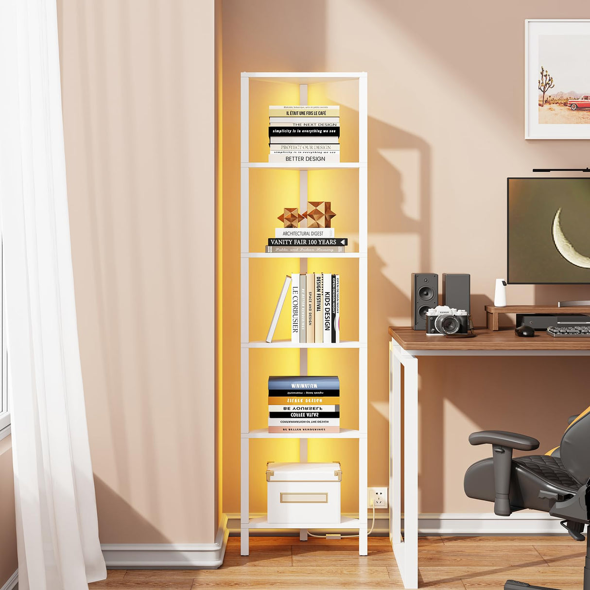 TUTOTAK 6-Tier Corner Bookshelf with LED Light,Corner Shelf for Small Space, Narrow Display Corner Shelf Stand with Storage Rack, for Living Room, Bedroom, Pure White V1BS05BW006L TUTOTAK