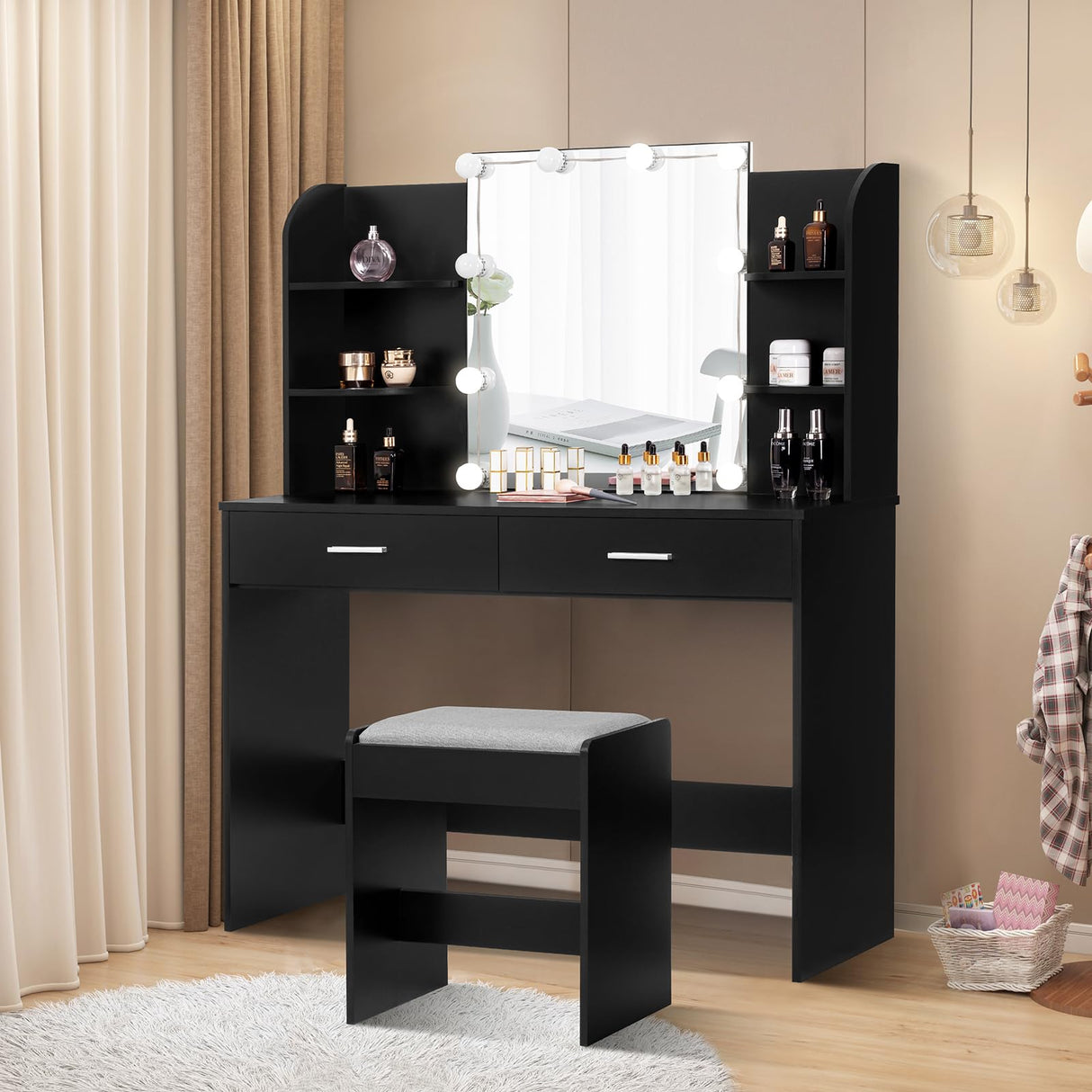 usikey Makeup Vanity with Mirror and 10 LED Lights, Vanity Makeup Table Set with 2 Drawers and Open Shelves, Makeup Vanity Desk Dressing Table with Cushioned Stool, Black usikey