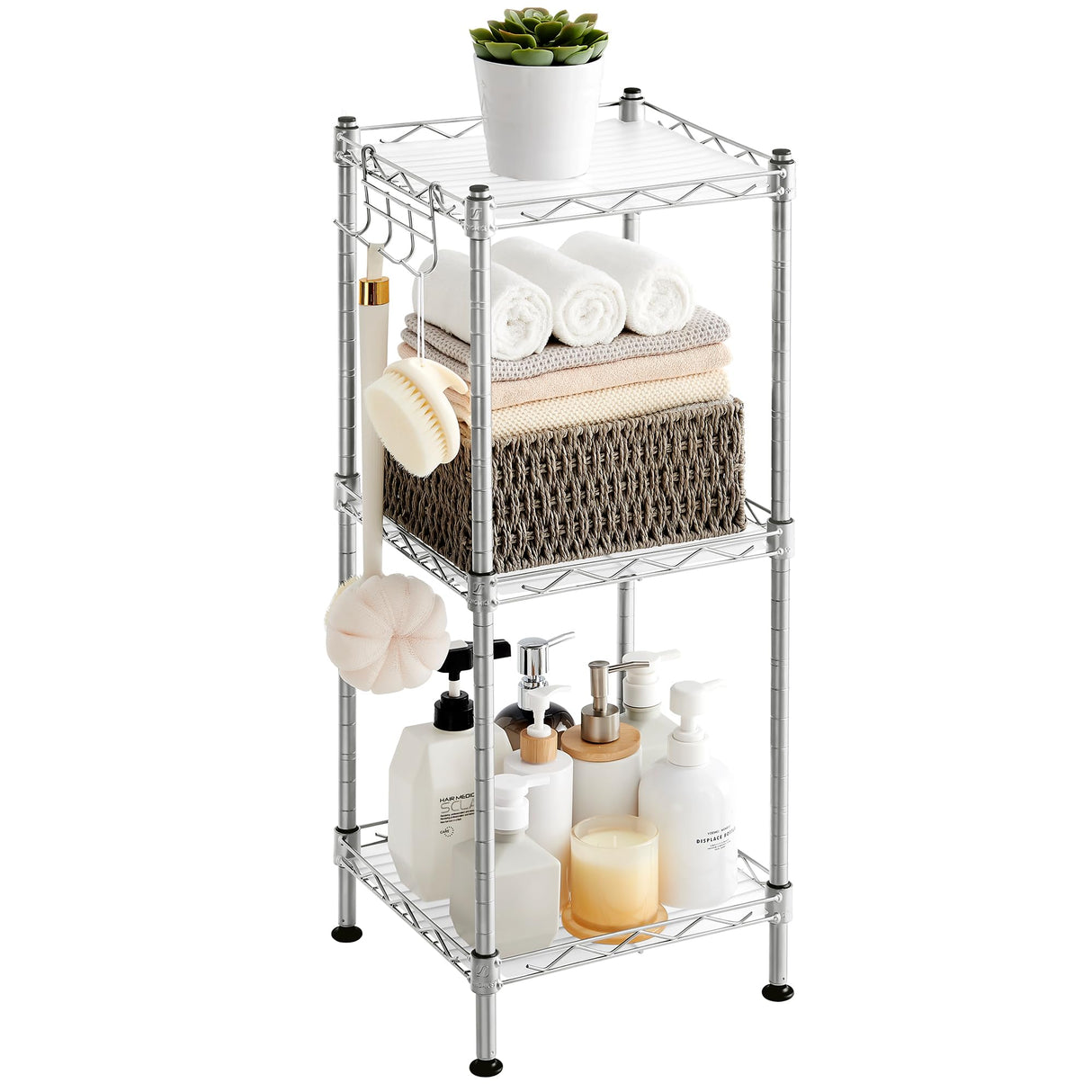 SONGMICS 3-Tier Bathroom Shelf, Storage Rack for Small Space, with 3 PP Shelf Liners, Removable Hook, Extendable Design, Silver and Translucent ULGR103E01 SONGMICS