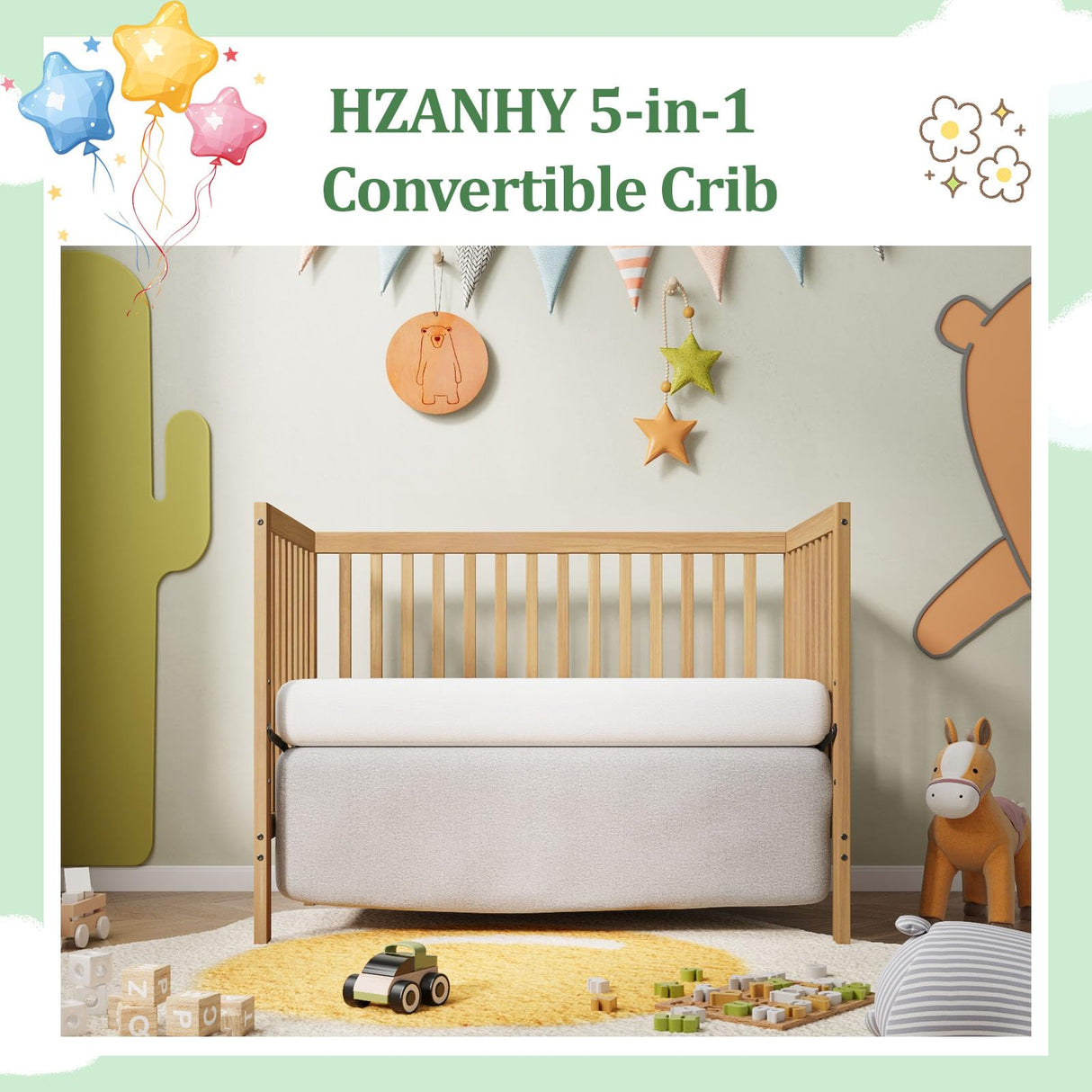 HZANHY 5-in-1 Baby Crib,Convertible Crib, Baby Crib, Converts from Baby Crib to Toddler Bed, Daybed and Full-Size Bed Frame, Fits Standard Full-Size Crib, Baby Bed Natural (Mattress not Included HZANHY