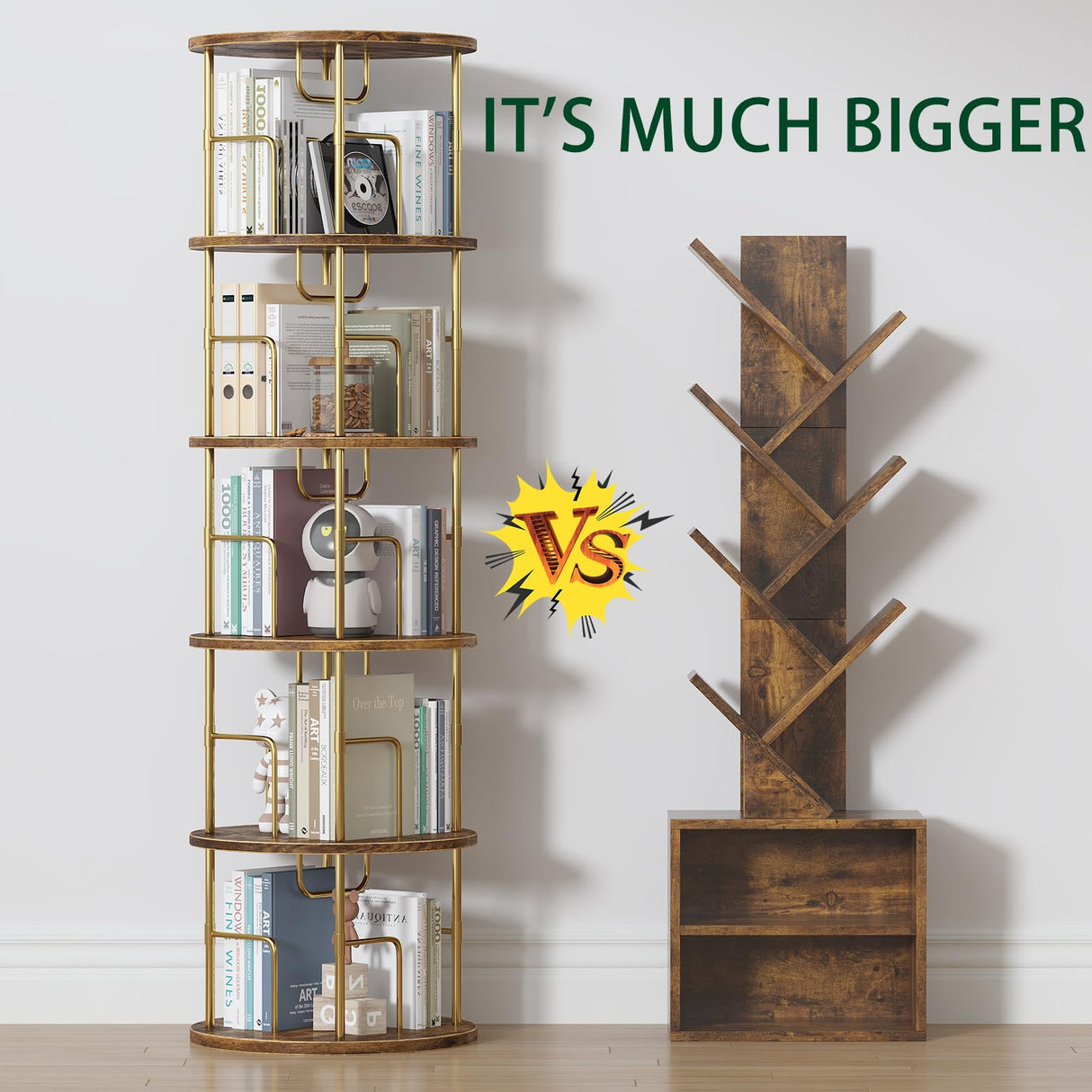 5Tier Rotating Bookshelf, 360 ° Display Stackable Spinning Bookshelf Tower, Narrow Space Saving Tall Floor Standing Swivel Bookcase Corner Storage Organizer for Bedroom/Living Room/Office,Gold swlongbooks