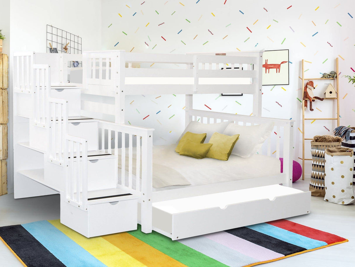 Bedz King Stairway Bunk Beds Twin over Full with 4 Drawers in the Steps and a Twin Trundle, White Bedz King