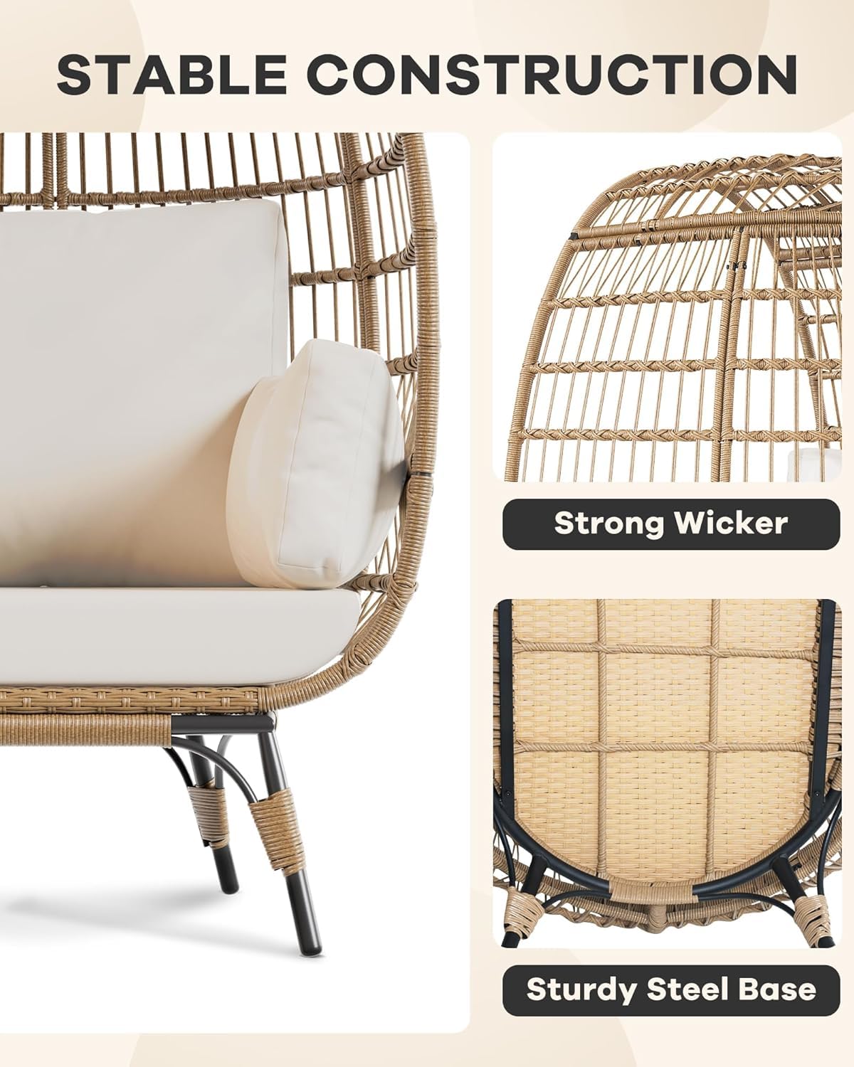 GAOMON Egg Chair, Oversized Wicker Outdoor Chairs with Luxury Cushions, 350LBs Capacity Steel Frame Patio Lounge Chaise for Indoor/Outdoor Use for Balcony, Living Room, Patio, White GAOMON