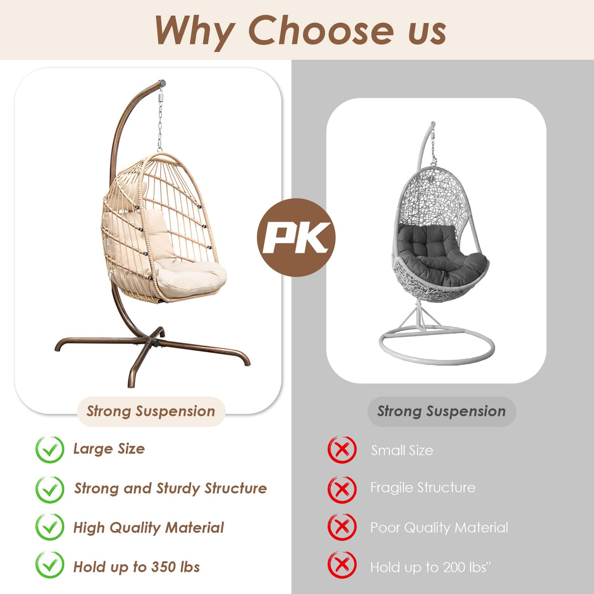 RADIATA Foldable Wicker Rattan Hanging Egg Chair with Stand, Swing Chair with Cushion and Pillow, Lounging Chair for Indoor Outdoor Bedroom Patio Garden (Beige with Stand) RADIATA