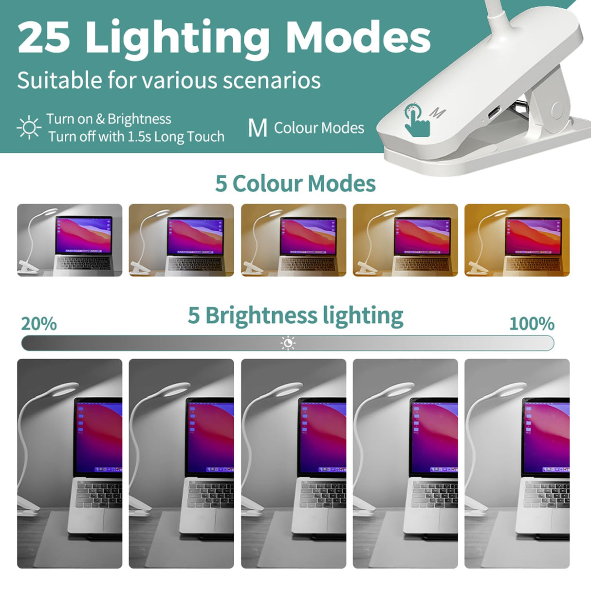 CUHIOY Clip on Reading Light for Bed Headboard, Rechargeable Battery Clamp on Bunk Bed Light, 5 Colors 5 Brightness Flexible Neck Desk Lamp, Eye Protect LED Touch Control Book Lights at Night for Kids CUHIOY