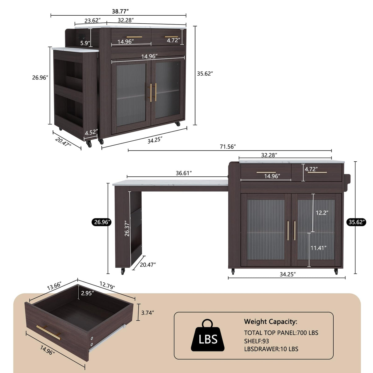 HLR Kitchen Island with Extendable Dining Table, Marble Grain Countertop Island with Power Outlet, Rolling Storage Cart on Wheels with Storage Cabinet and 2 Drawers, Prep Table for Kitchen HLR
