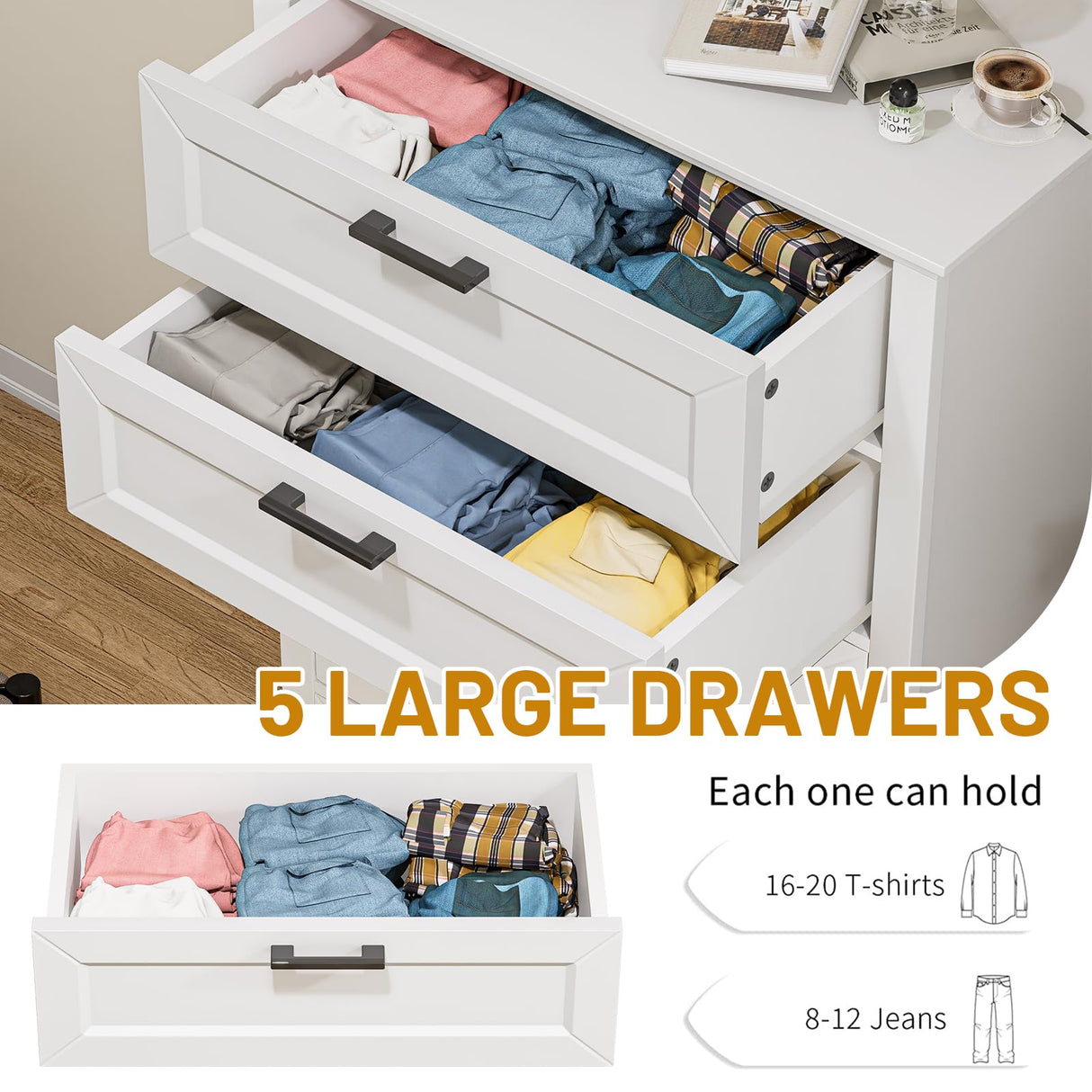 ZLWJGY White Dresser for Bedroom, Wood Dresser with 5 Drawers, Chest of Drawer for Bedroom Living Room Entryway Hallway, Modern Farmhouse Style Black Handles 47" Tall ZLWJGY