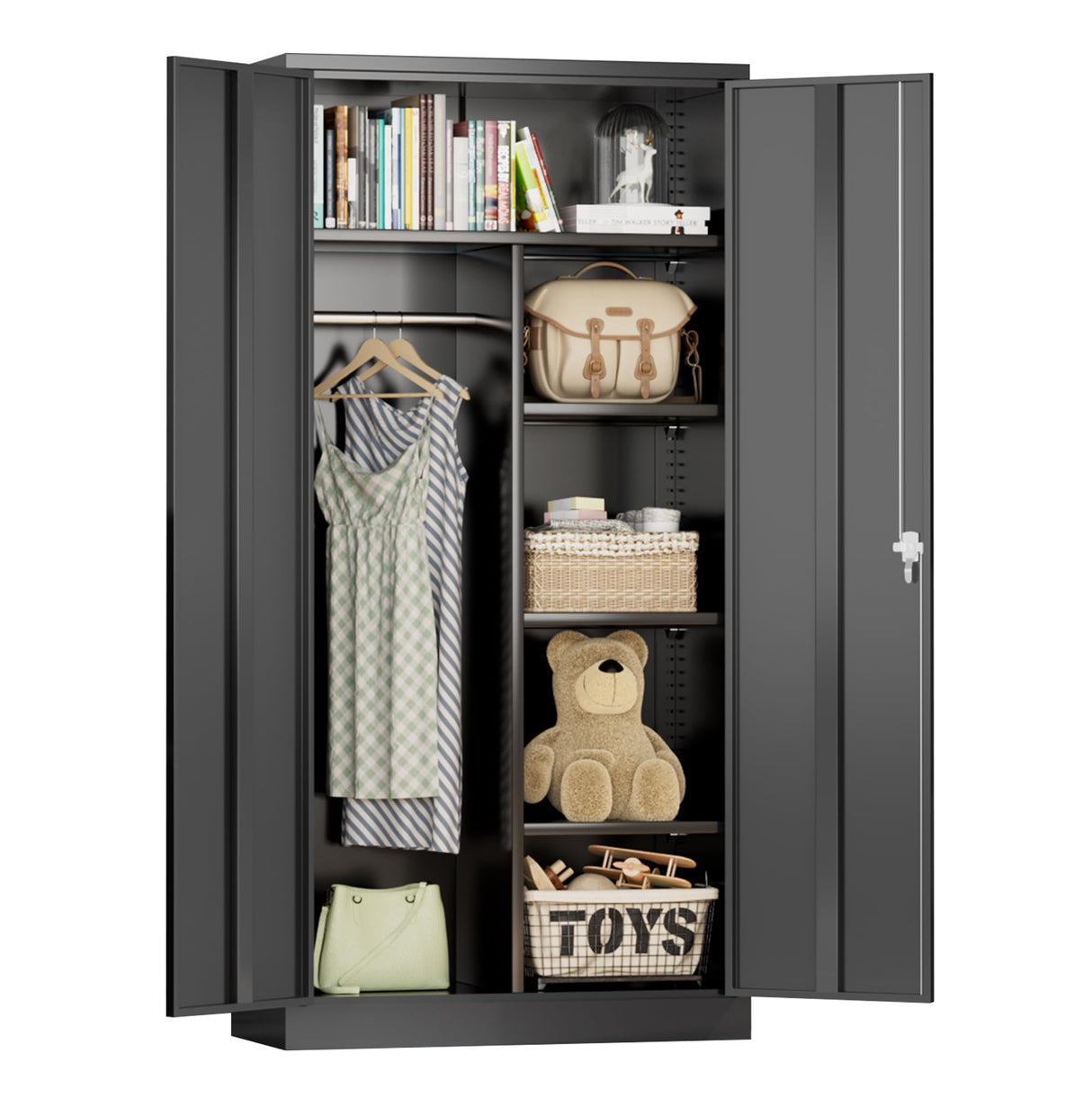 Greenvelly Metal Storage Wardrobe Cabinet with Lock, 72" Metal Wardrobe Closet for Hanging Clothes with Doors and Shelves, Tall Clothes Closet for Home, Office and Bedroom, School,Gym(Black) Greenvelly