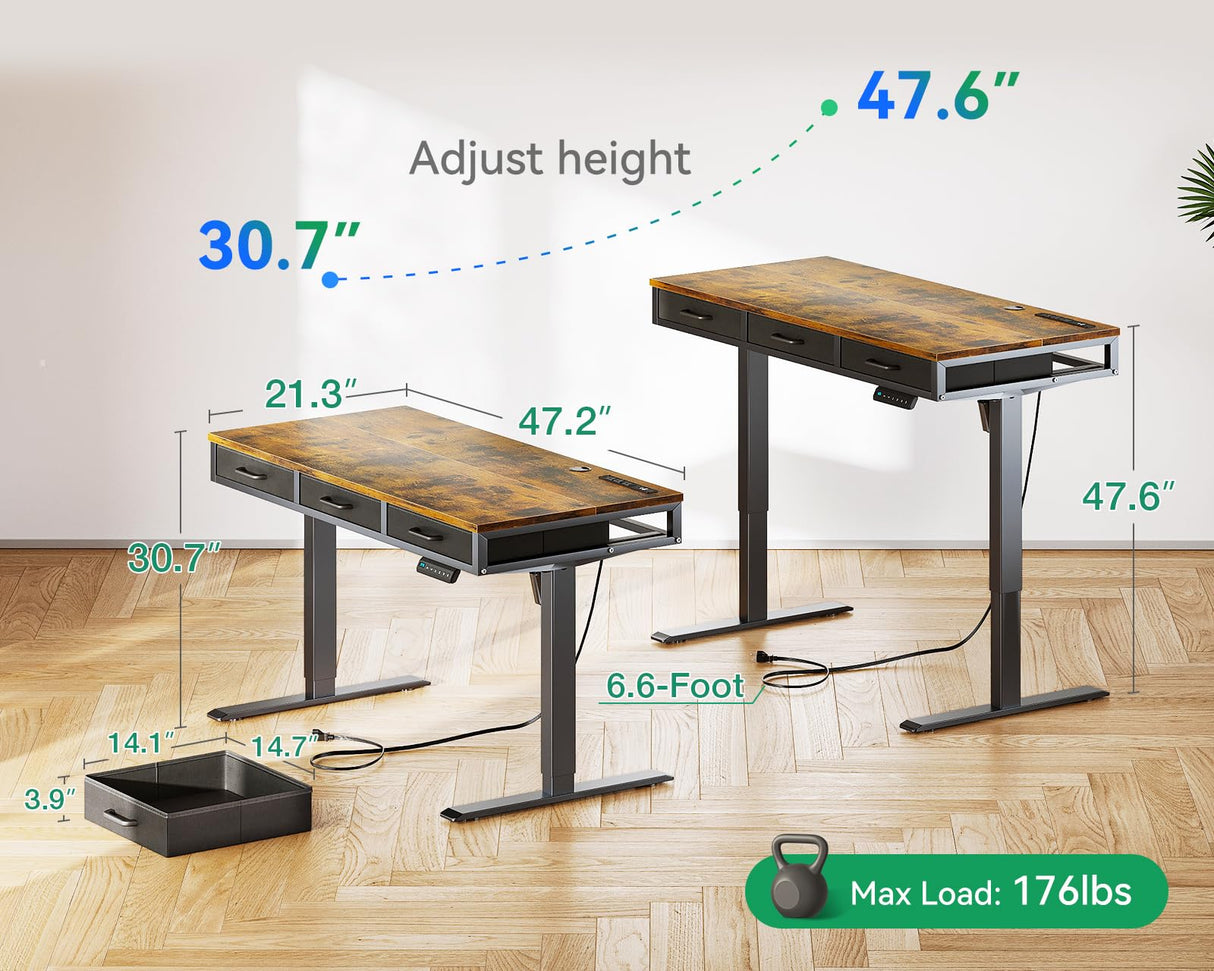 AODK Electric Standing Desk with Drawers, Height Adjustable Desk with Power Outlets & LED Lights, Stand Up Desk with 3 Drawers, Sit Stand Home Office Desk Computer Workstation, 47 Inch AODK