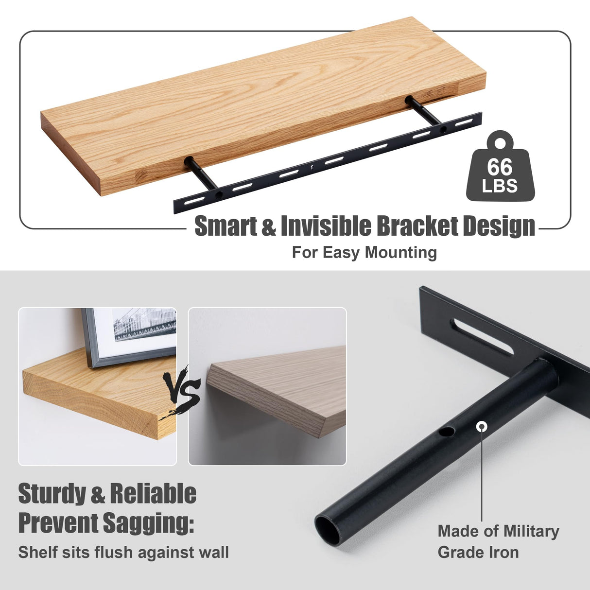 Solid Oak Floating Shelves - Set of 2, 24" Wide x 8" Deep Wall Mounted Rustic Wooden Display Shelf for Bathroom Bedroom Kitchen Garage with Heavy-duty Bracket - Natural Oak Finish FLYJOE