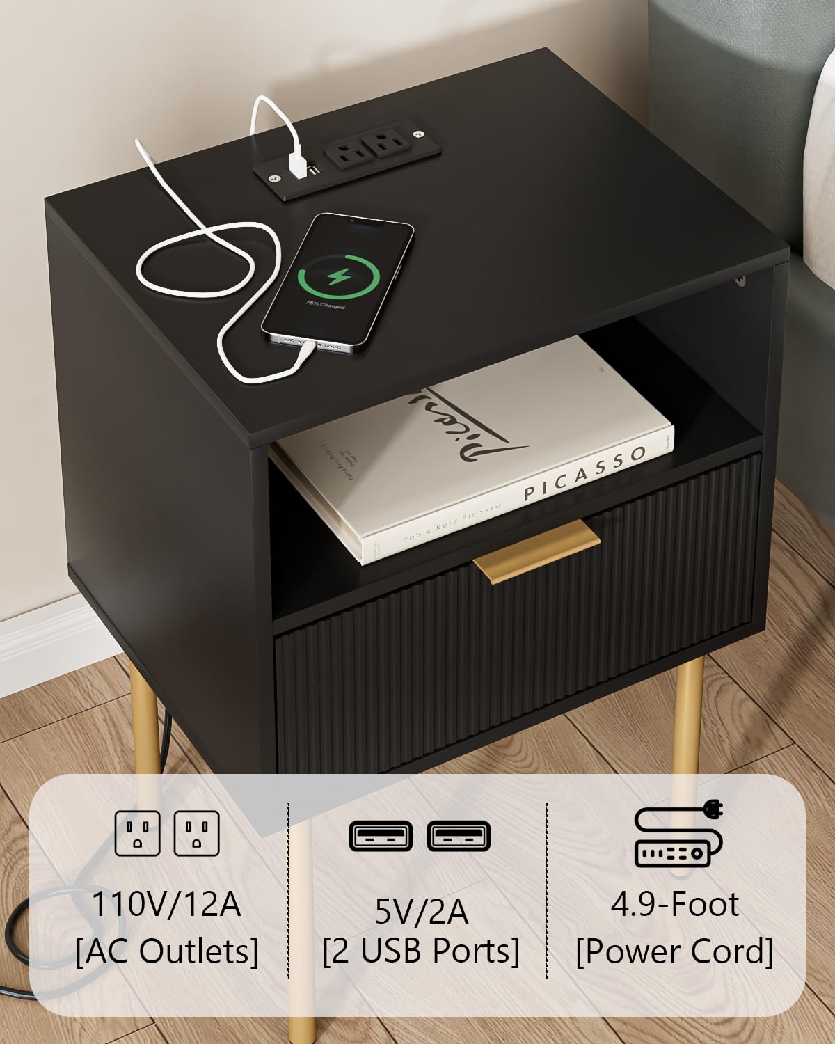 Aienvey Nightstand with Charging Station, Small Side Table, Modern Night Stand with Drawers, Bedside Table for Bedroom, Living Room End Table, Black Stripe Aienvey