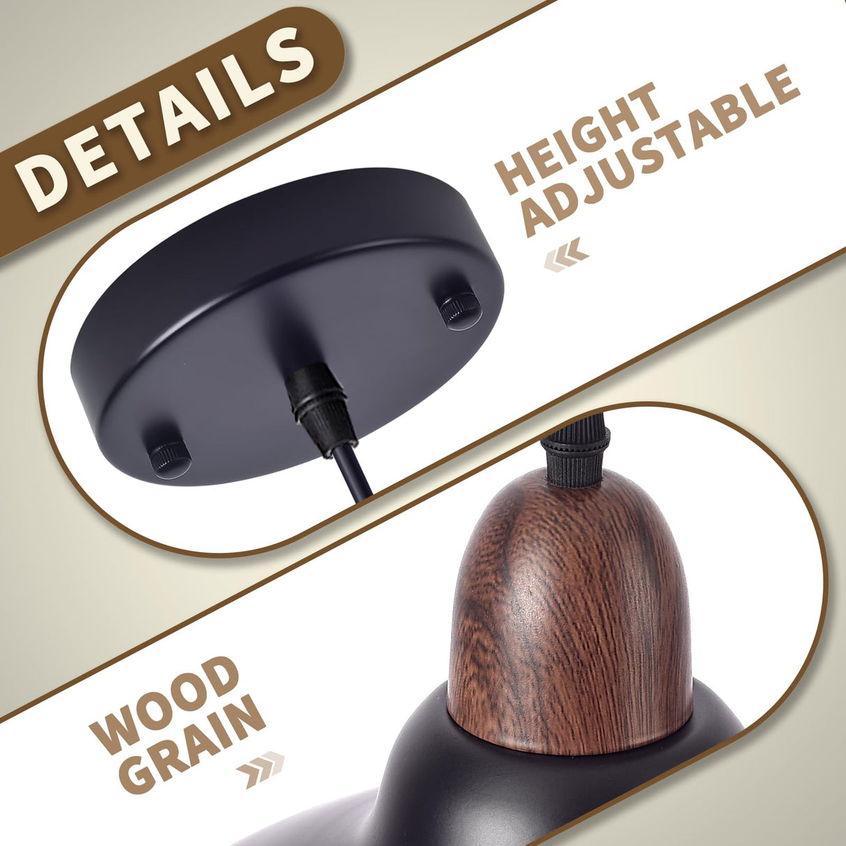 Set of 2 Pcs 11.8" Black Dome Pendant Light, Farmhouse Modern Black and Wood Hanging Pendant Lights Kitchen Island, Vintage Pendant Light Large Dome Chandelier for Kitchen Island, Dining Room Ziqqeelam