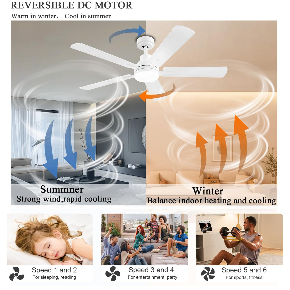 JSAITEE 52 Inch Smart Ceiling Fan with Lights, Remote & App Control, DC Reversible Motor, 8 Speeds Quiet 35dB, 3CCT Dimmable LED, Low Profile Modern Ceiling Fans for Bedroom Living Room, White JSAITEE