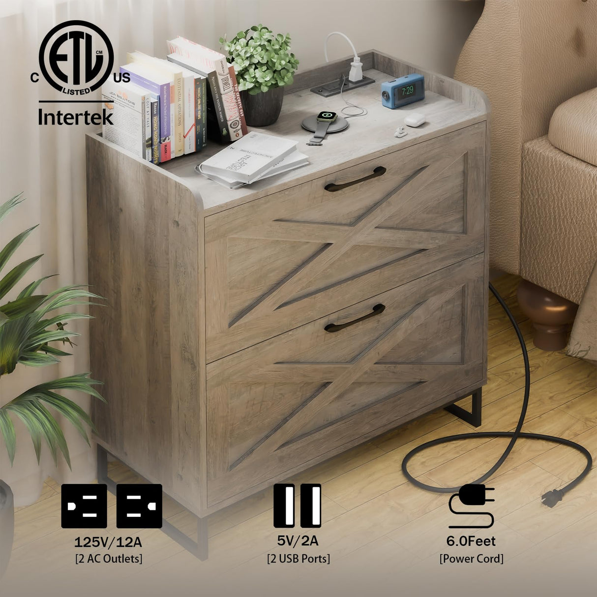 Lateral File Cabinet 2 Drawer File Cabinet with Charging Station for Legal/Letter/A4 Size Hanging Files, Modern Farmhouse Large Wood File Storage Cabinet for Home Office Furniture(Washed Gray) Vabches