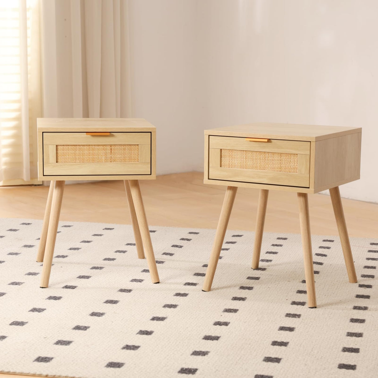 FUQARHY Rattan Nightstand Set of 2, Boho Side Table with Drawer, Mid Century Modern, End Table with Wood Legs for Bedroom, Dorm and Small Spaces FUQARHY