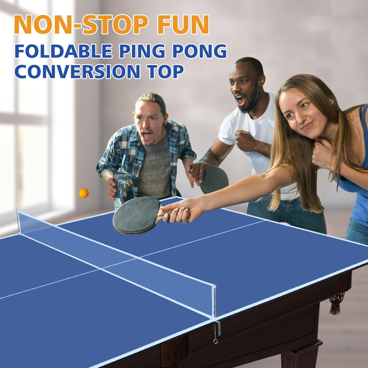 AOKUNG 7ft Mid-Size Ping Pong Conversion Top Foldable & Portable Table Tennis Table Top for Indoor Games-Blue AOKUNG