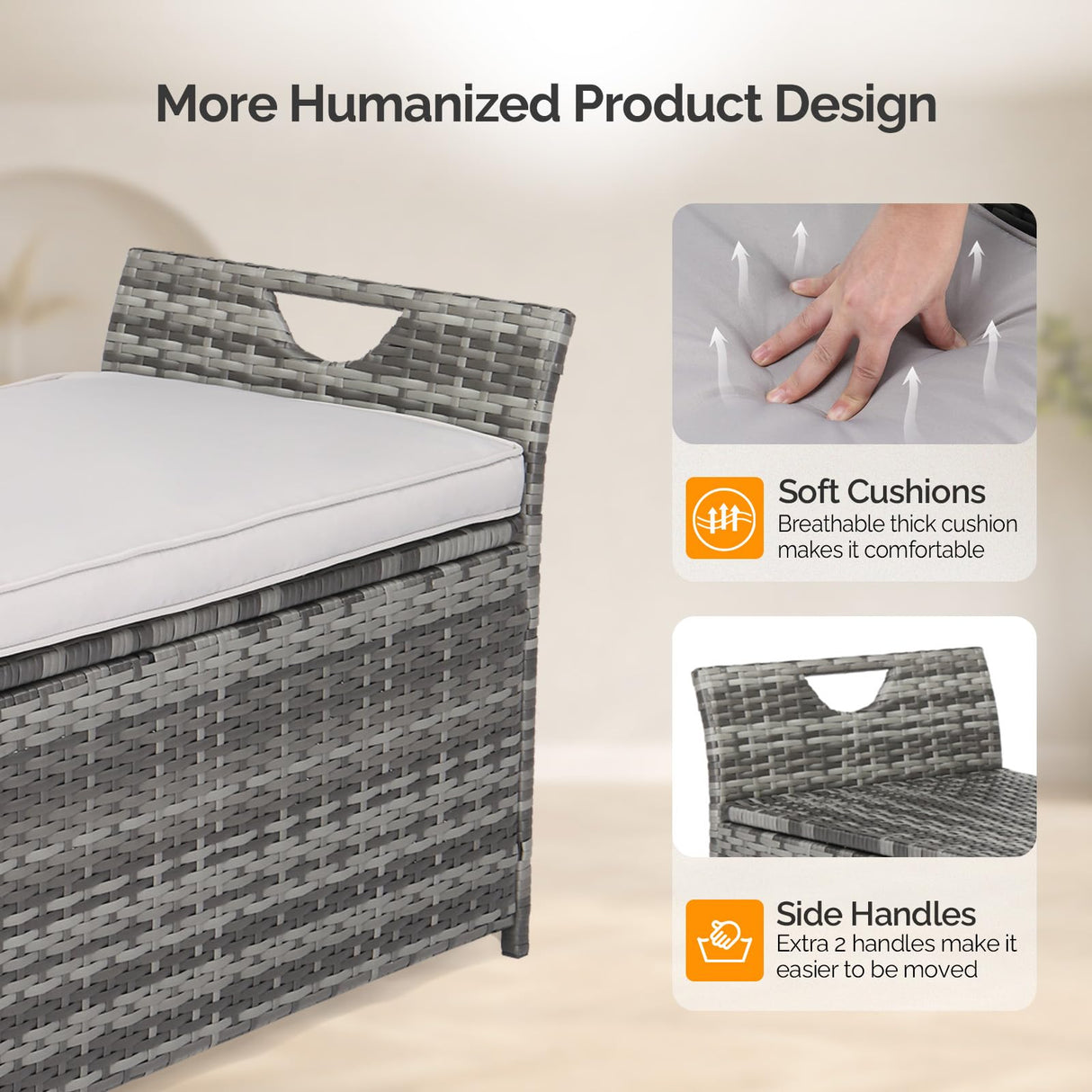 VINGLI 40 Gallon Outdoor Storage Bench with Cushion, Rattan Storage Box, Patio Wicker Deck Box with Seat for Garden | Balcony | Porch | Pool | Yard (Grey Frame + Light Grey Cushion) VINGLI