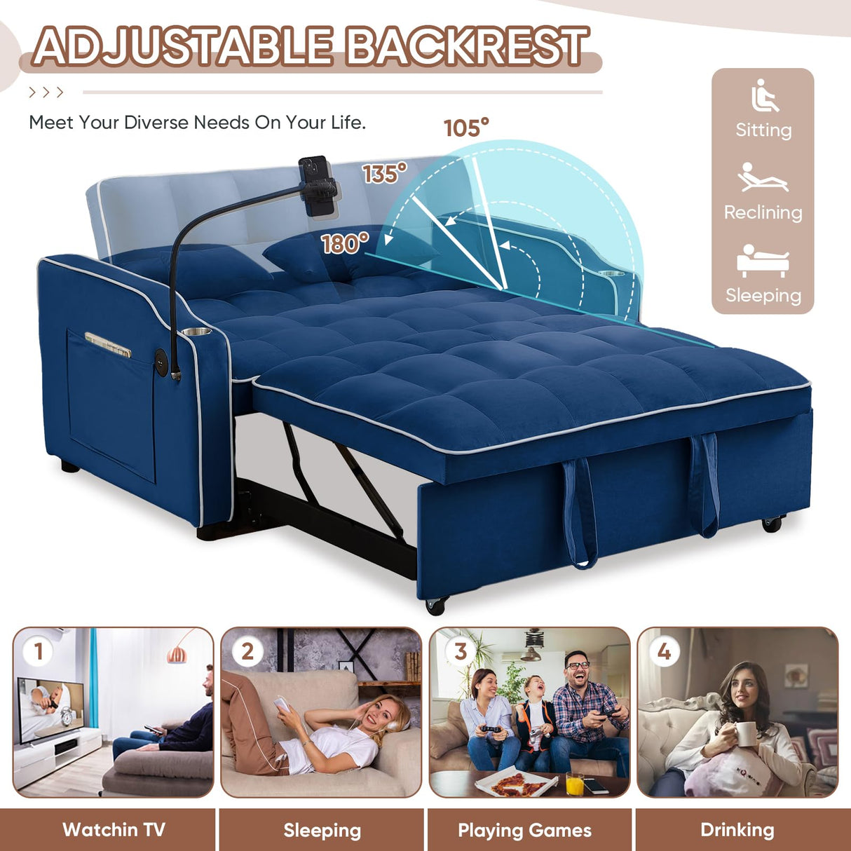 Sleeper Sofa Couch Bed with USB & Type C Port, Modern 3-in-1 Convertible Velvet Pull Out Loveseat Futon Sofa w/Phone Holder/Cup Holder for Living Room Apartment, Adjustable Backrest, Blue Antetek