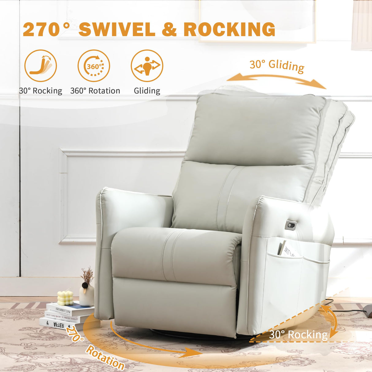 QKFF Power Swivel Rocker Recliner Chair for Nursery, Upholstered 270° Swivel Glider Rocker Chair with USB Ports, Small Power Recliners for Small Spaces Living Room (Light Grey) QKFF