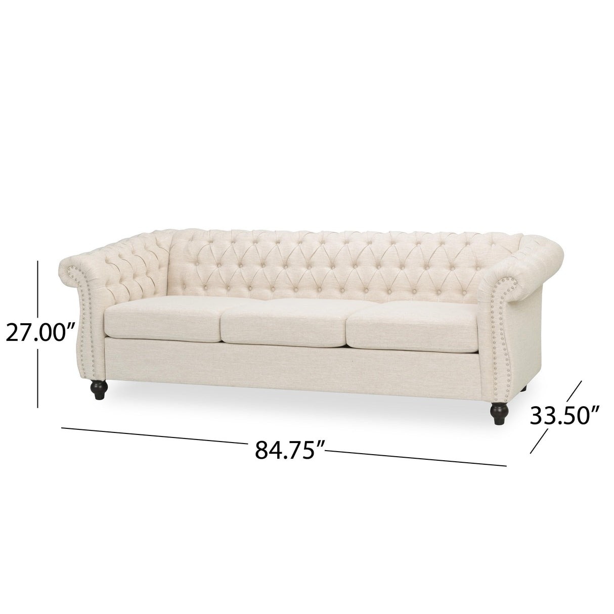 roomfitters Elegant Chesterfield Sofa with Fabric Upholstery and Turned Legs, Luxurious Sofa for Living Room and Bedroom, Beige Fabric roomfitters