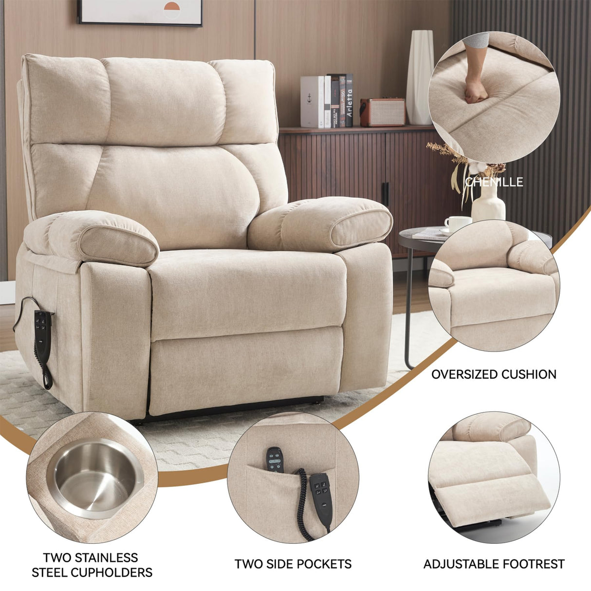 RHHVVR Oversized Power Lift Recliner Chair with Massage and Heating, 24.8" W Big Lay Flat Lift Recliner for Elderly, Medium-Firm Electric Recliners with Hidden Cup Holders,Beige RHHVVR