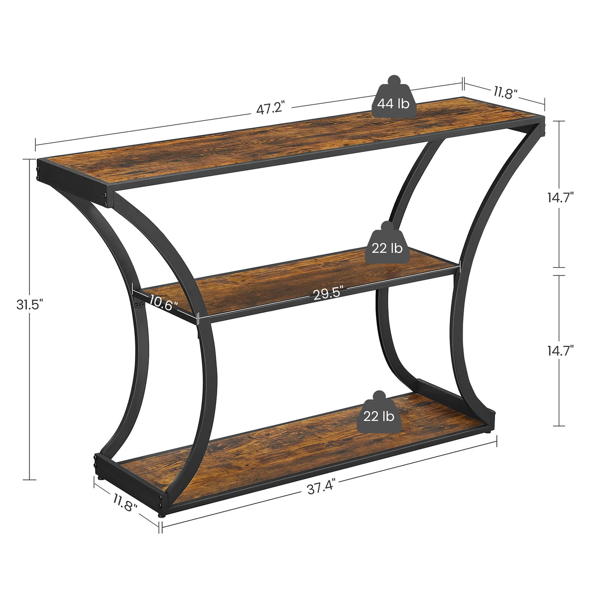 VASAGLE Console Table with Curved Frames and 2 Open Shelves, for Hallway Entryway Living Room, Rustic Brown + Black, 11.8 X 47.2 x 31.5 Inches VASAGLE