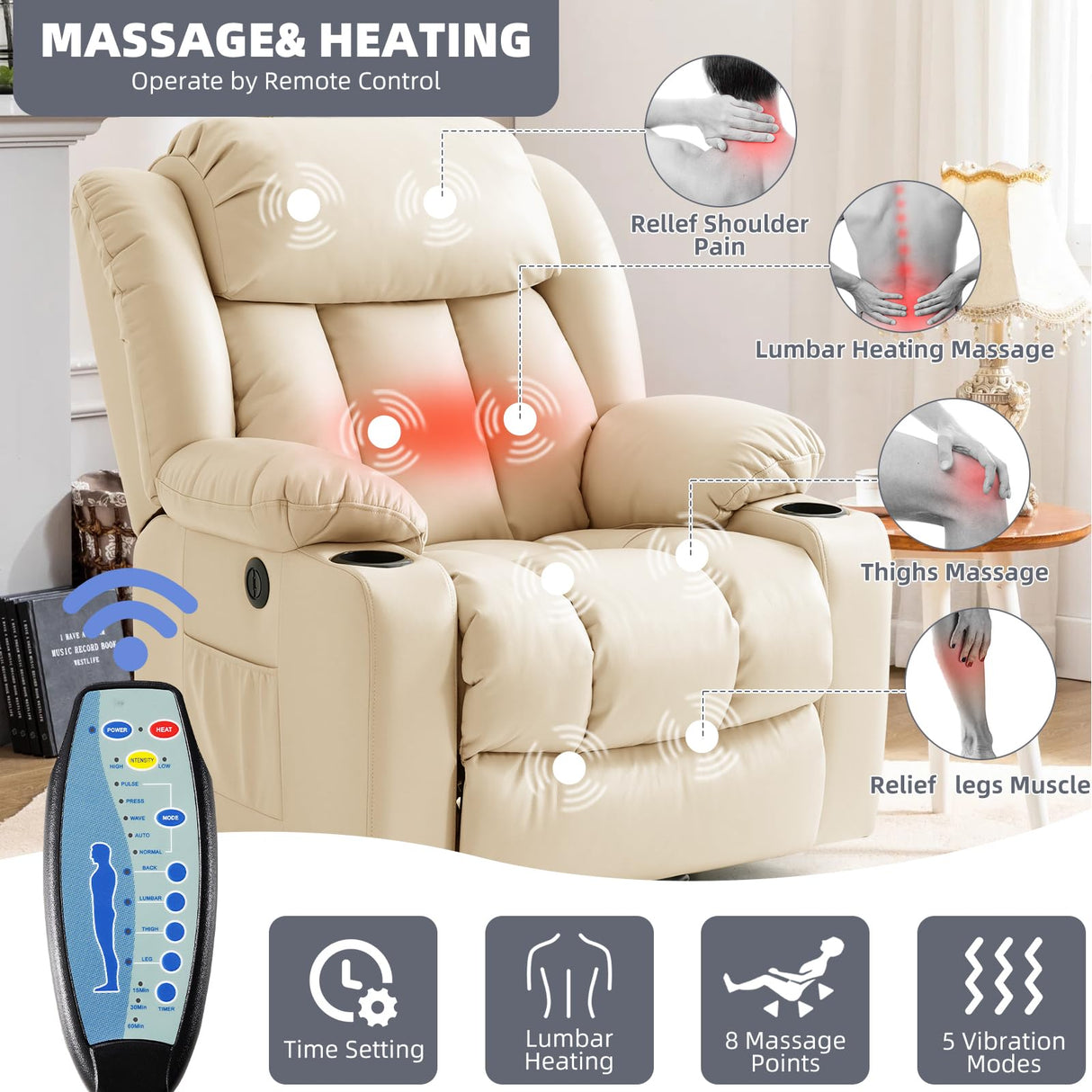 RESTREAL Power Lift Recliner Chair for Elderly, Electric Recliner Chairs for Adults with Massage and Heat, Cup Holders, Remote Control, USB Ports, Side Pockets, Leather (Beige) RESTREAL