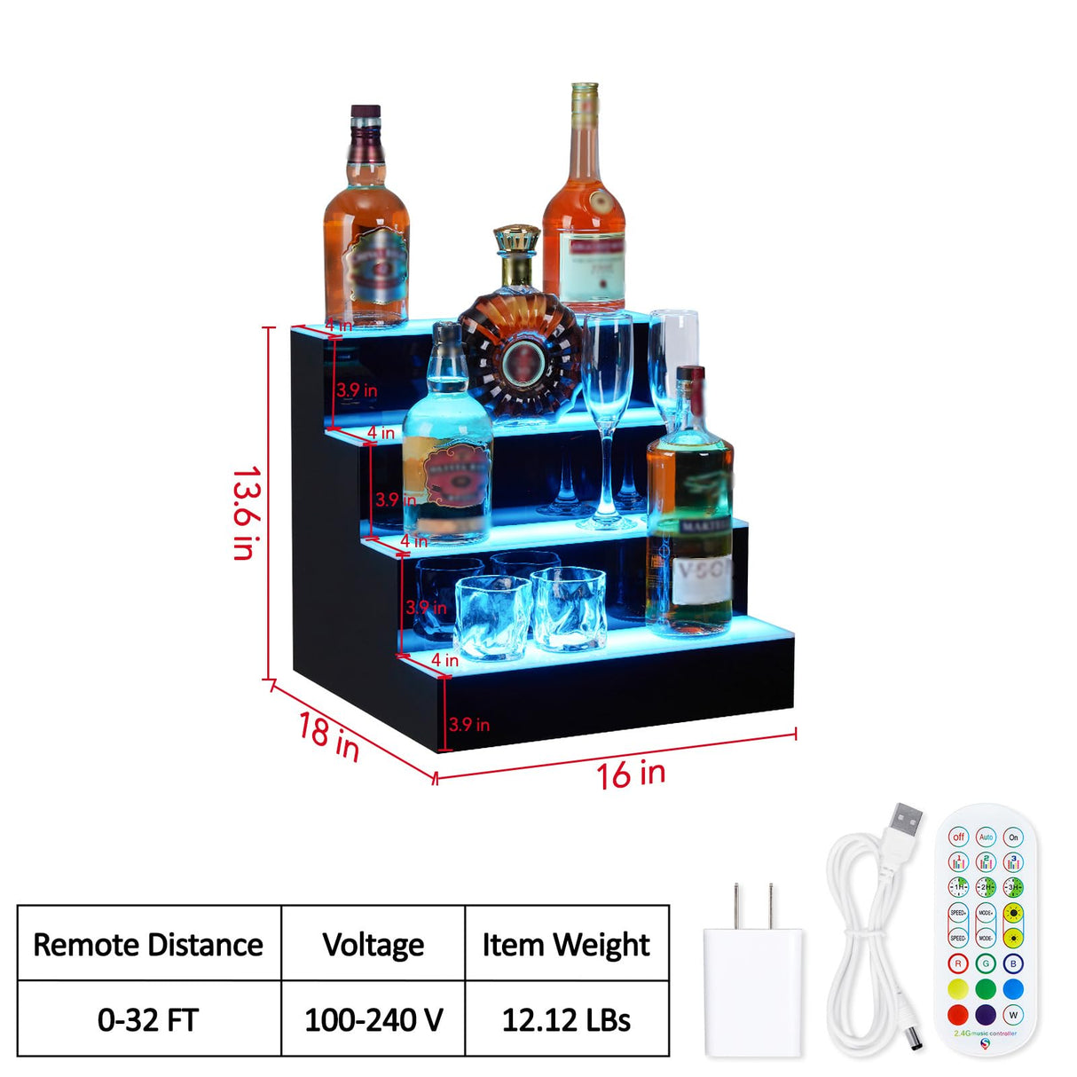GarveeTech LED Lighted Liquor Bottle Display, 4-Step 16 Inch Lighted Liquor Bottle Shelf for Home Counter Party, Freestanding Lighted Bottle Display Stand with Remote & App Control, 1-8 H Timing GarveeTech