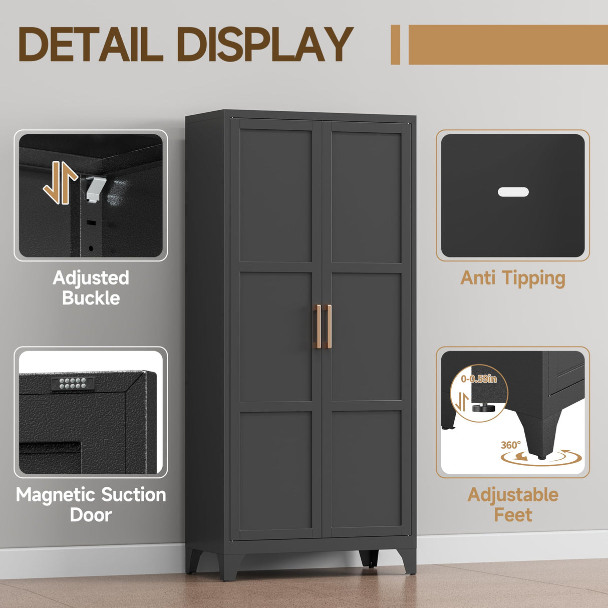 71" Metal Wardrobe Cabinet with Hanging Rod, Metal Clothing Storage Cabinets with 2 Doors and Adjustable Shelves, Armoire Wardrobe Closet for Bedroom, Laundry Room, Cloak Room, Black Bestoo