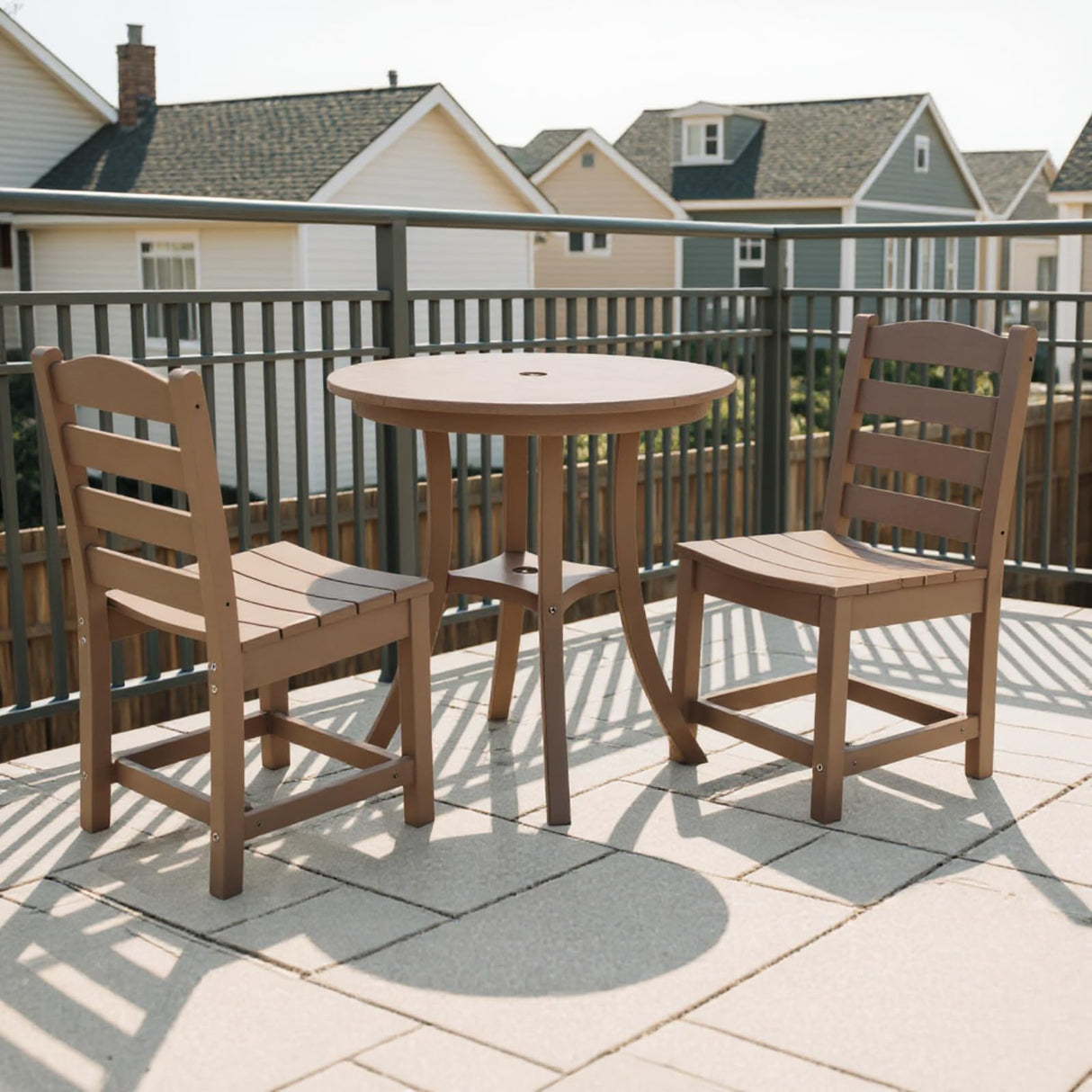 3 PCS Outdoor Patio Bistro Set, HDPE Round Dining Table with 1.77" Umbrella Hole and 2 Chairs, All-Weather Patio Coffee Table and Chairs Set for Balcony, Garden, Porch, Backyard, Commercial, Dark Oak Yatelonllvn