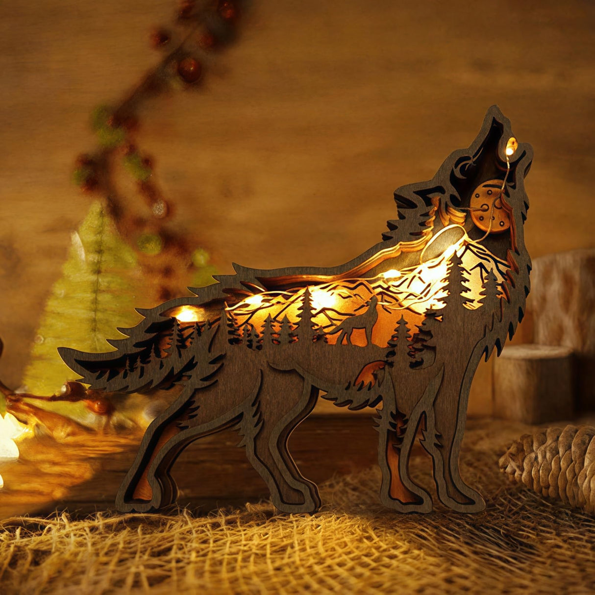 3D Wood Carving Animals Lamp Home Decorative, Cute Bear Family Elephant Presents Ideas Christmas Living Room Office Decor Warm LED Night Lights Gift for Friend Daughter Son Mom Dad (Wolf) Drawelry