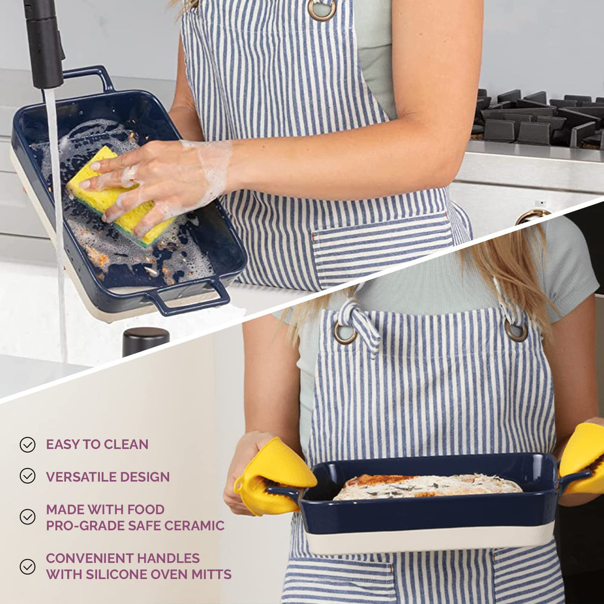 Casserole Dish Set - 3 Ceramic Baking Dishes for Oven with Silicone Oven Mitt - Rectangular Bakeware is Microwave, Freezer and Dishwasher Safe - Cooks Evenly and Saves Space with Nesting Design Kitchen Pixie