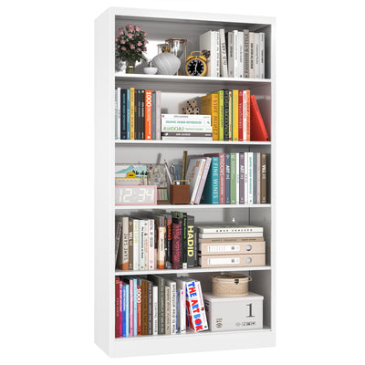 Bookcase, 5 Tier Metal Bookshelves, 66" Tall Free Standing with Adjustable Storage Shelves, Large Bearing Bookcase for Bedroom Living Room Home Office,White Bookshelf