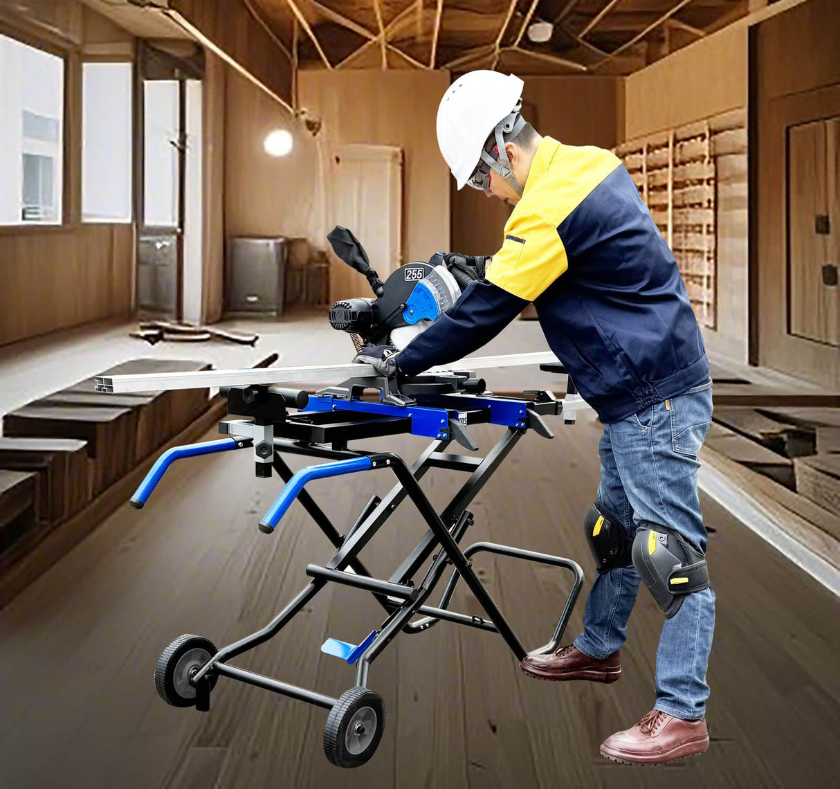 MENIPHIB Folding Portable Tile Saw Stand, miter saw stand with wheels,collapsible and portable, saw stand table, chop saw roller stand, saw horse roller stand, mitre saw stand, Blue, S5250010 MENIPHIB